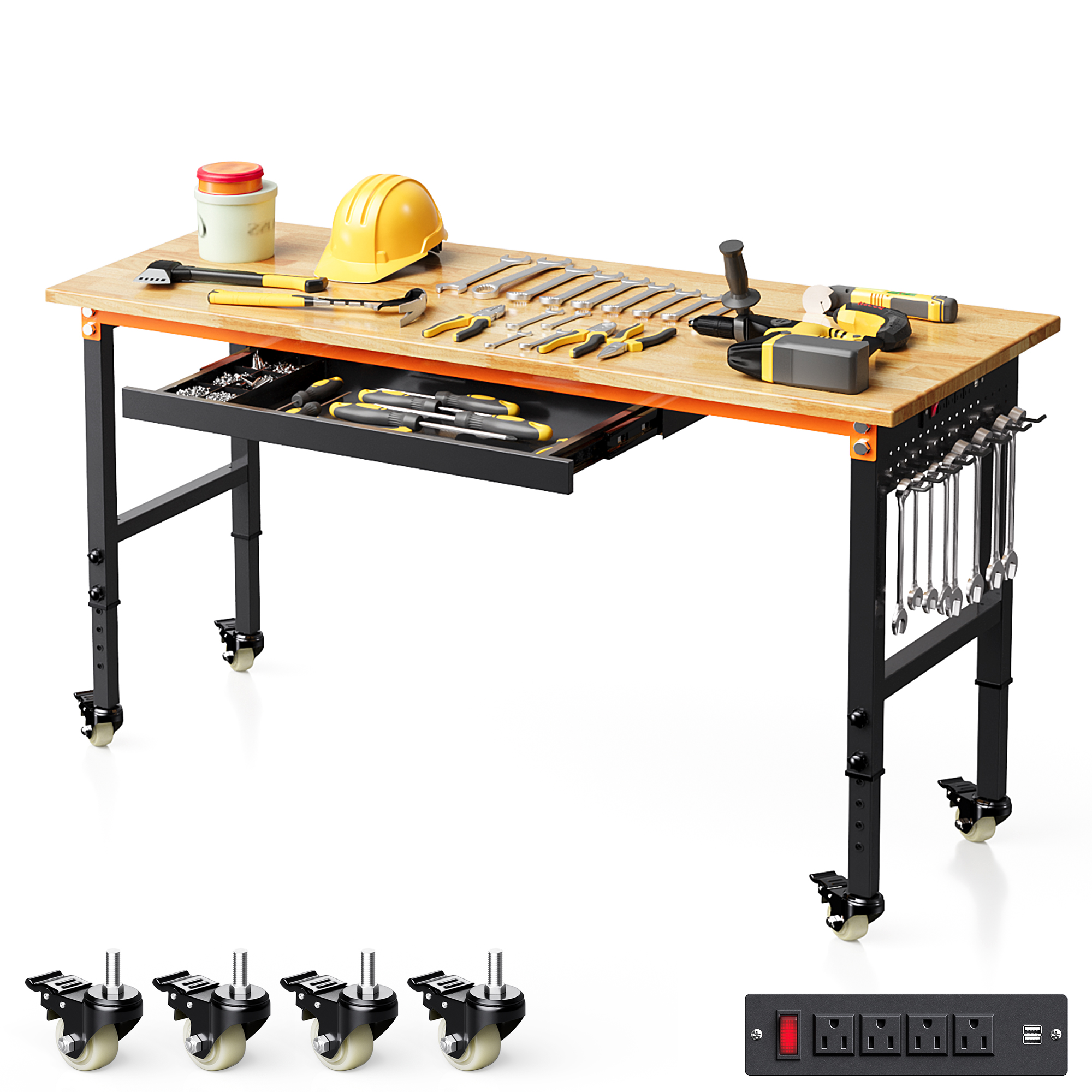 Joywind Heavy-Duty 48" Adjustable Height Workbench for Garage, Rubberwood Work Table with Locking Wheels & 2000 lb Weight Capacity