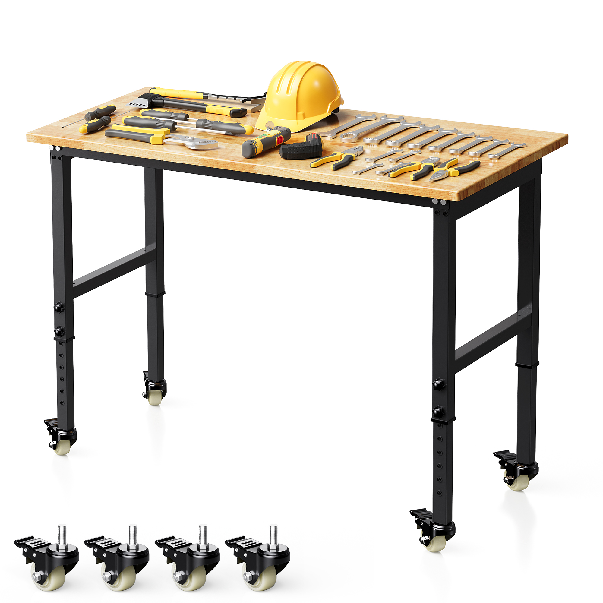 Joywind Heavy-Duty 48" Adjustable Height Workbench for Garage, Rubberwood Work Table with Locking Wheels & 2000 lb Weight Capacity