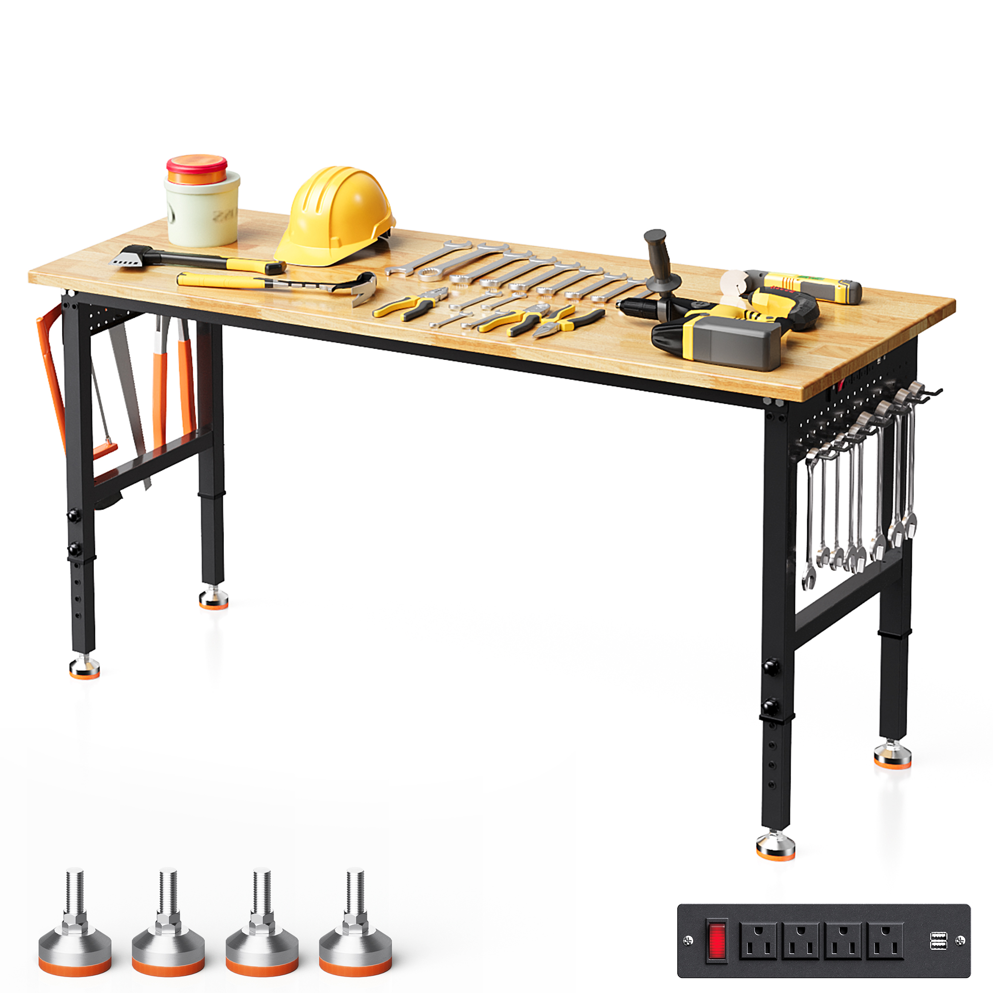 Joywind Heavy-Duty 48" Adjustable Height Workbench for Garage, Rubberwood Work Table with Locking Wheels & 2000 lb Weight Capacity