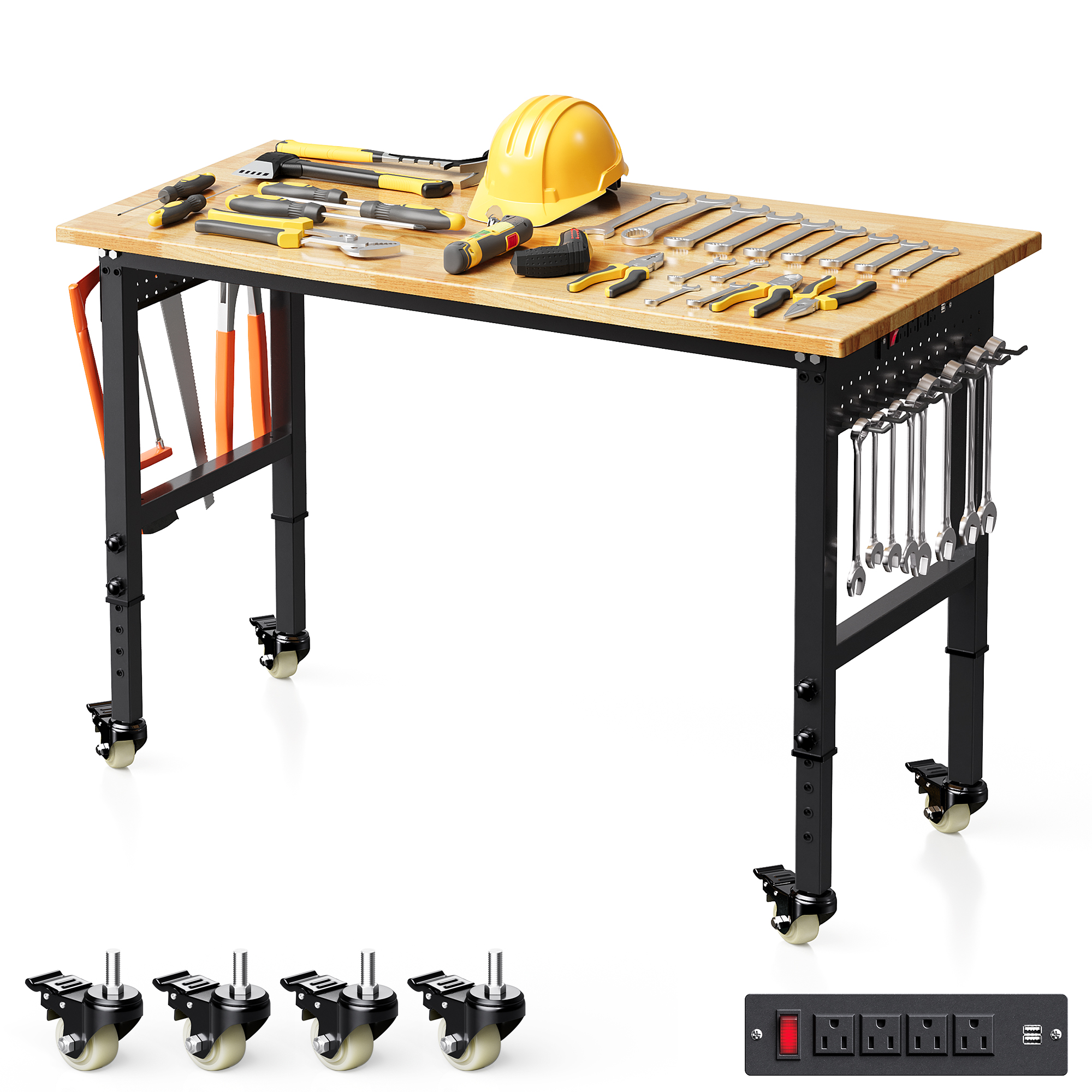 Joywind Heavy-Duty 48" Adjustable Height Workbench for Garage, Rubberwood Work Table with Locking Wheels & 2000 lb Weight Capacity