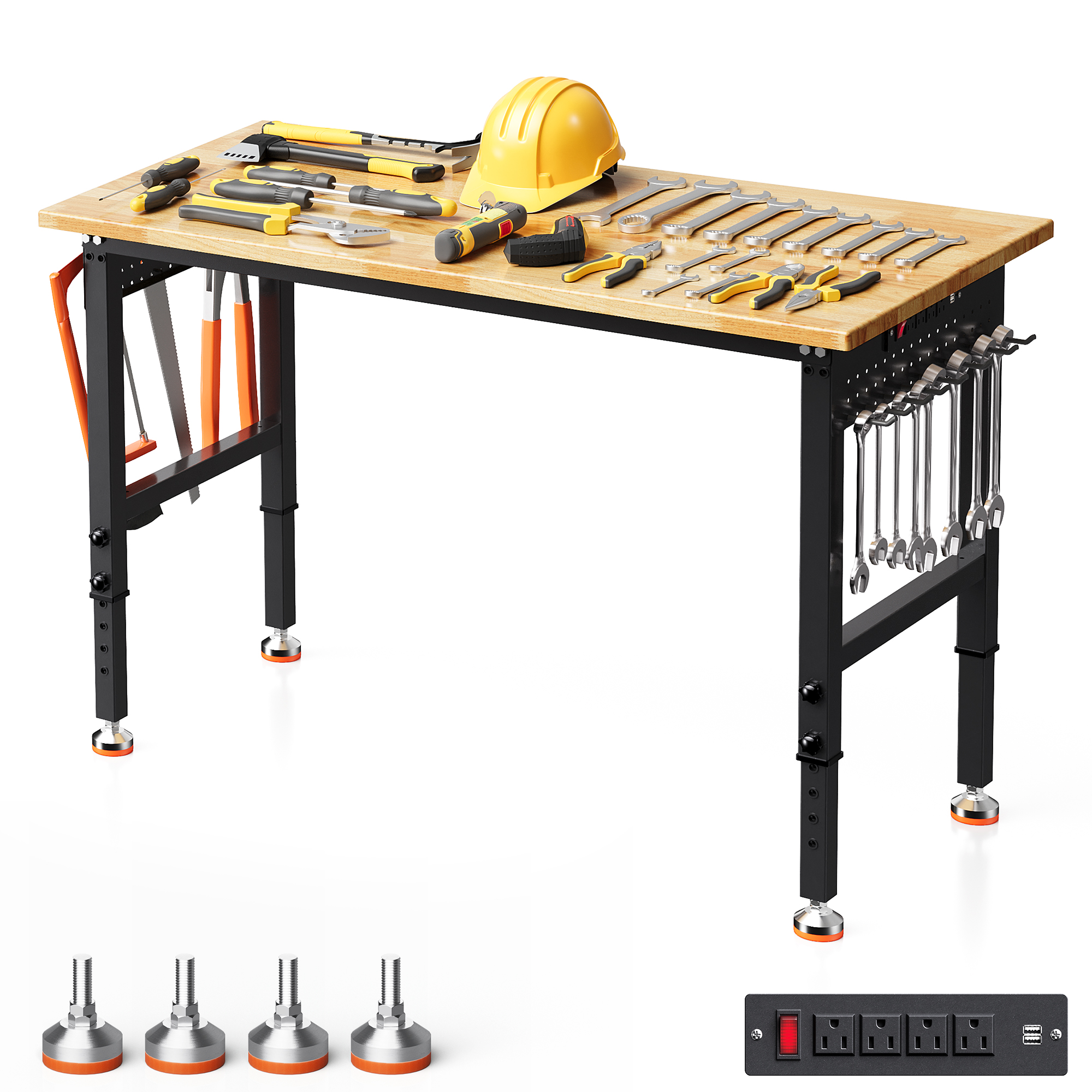 Joywind Heavy-Duty 48" Adjustable Height Workbench for Garage, Rubberwood Work Table with Locking Wheels & 2000 lb Weight Capacity