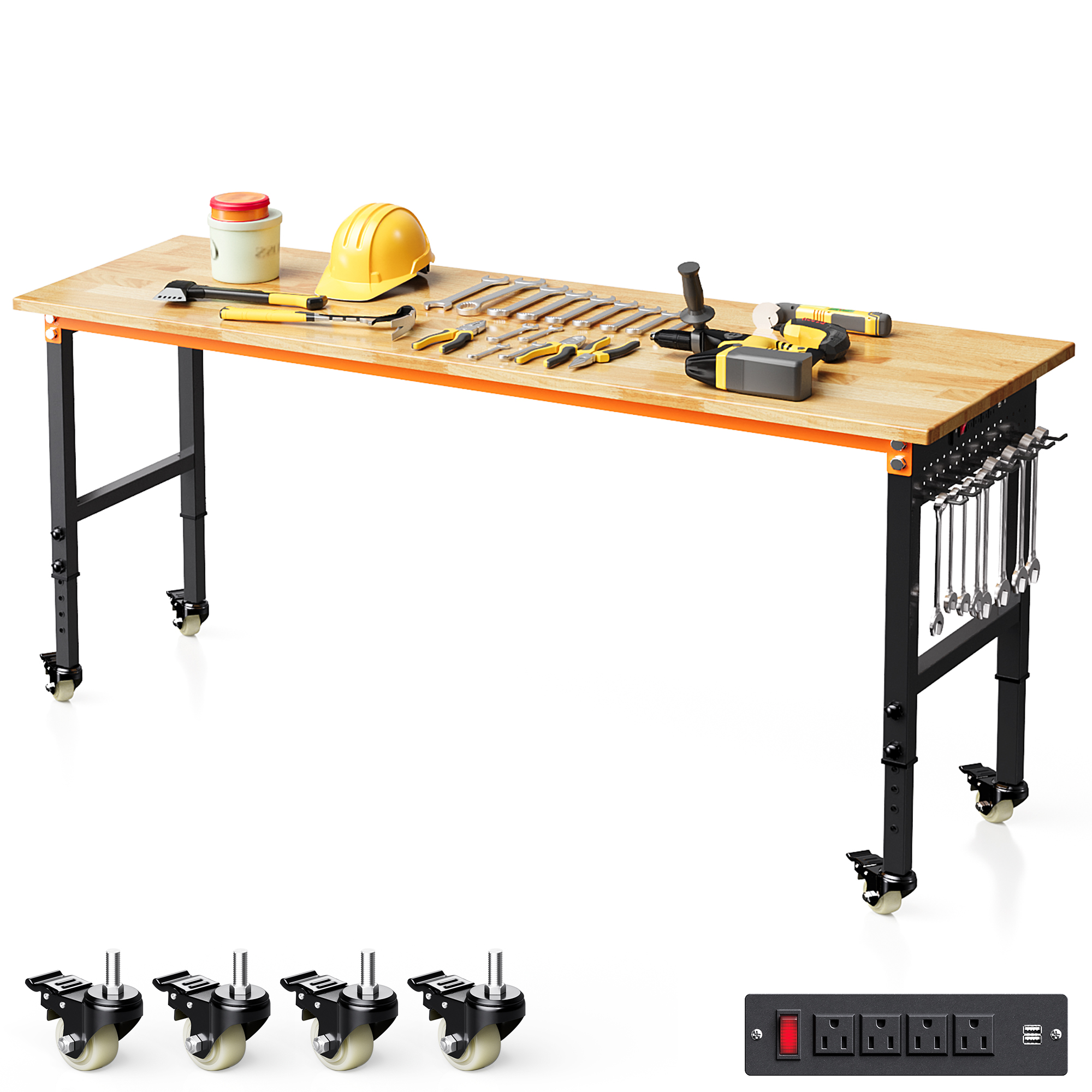 Joywind Heavy-Duty 48" Adjustable Height Workbench for Garage, Rubberwood Work Table with Locking Wheels & 2000 lb Weight Capacity