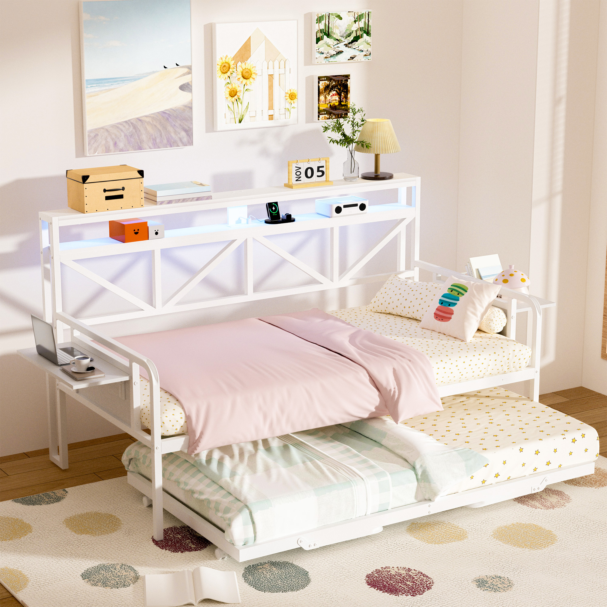 Joywind Daybed with Trundle, Heavy Duty Metal Twin Bed Frame