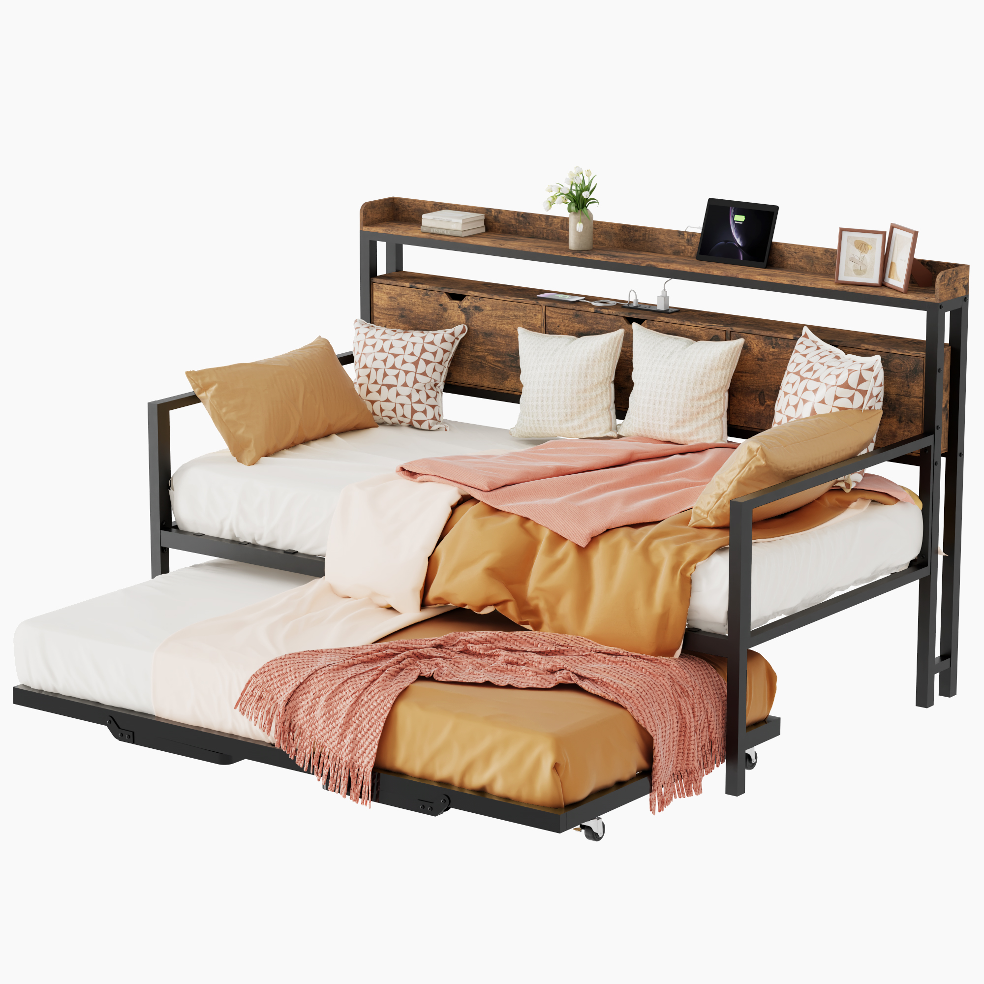 Joywind Twin Daybed with Trundle, Metal Bed Frame with Storage Headboard, Charging Station & Pop-Up Trundle , Rustic Brown