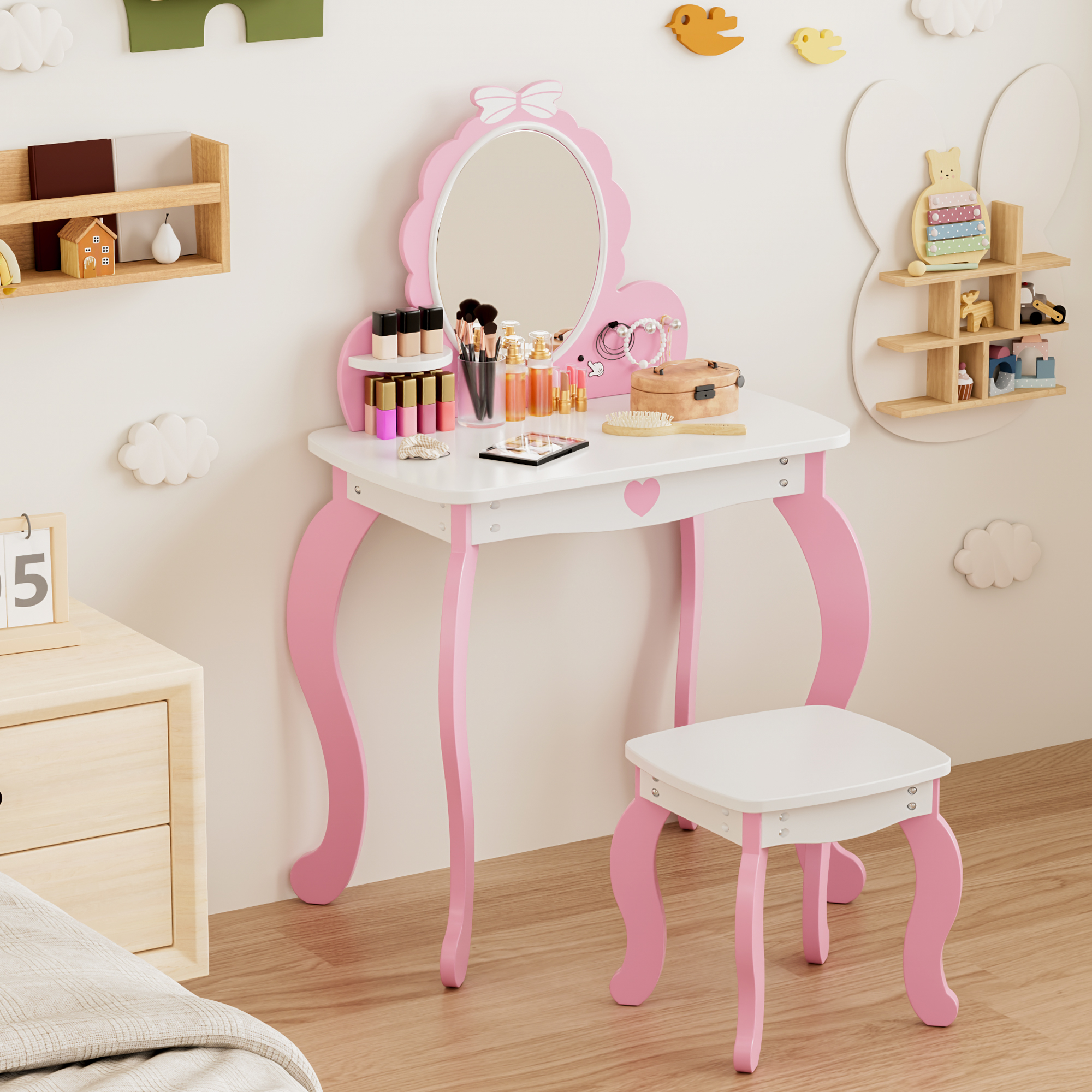 Kids Vanity Set with Lighted Mirror & Stool, White Bow Design - Princess Makeup Dressing Table with Storage, Chair Included - Toddler Girls Play Beauty Desk