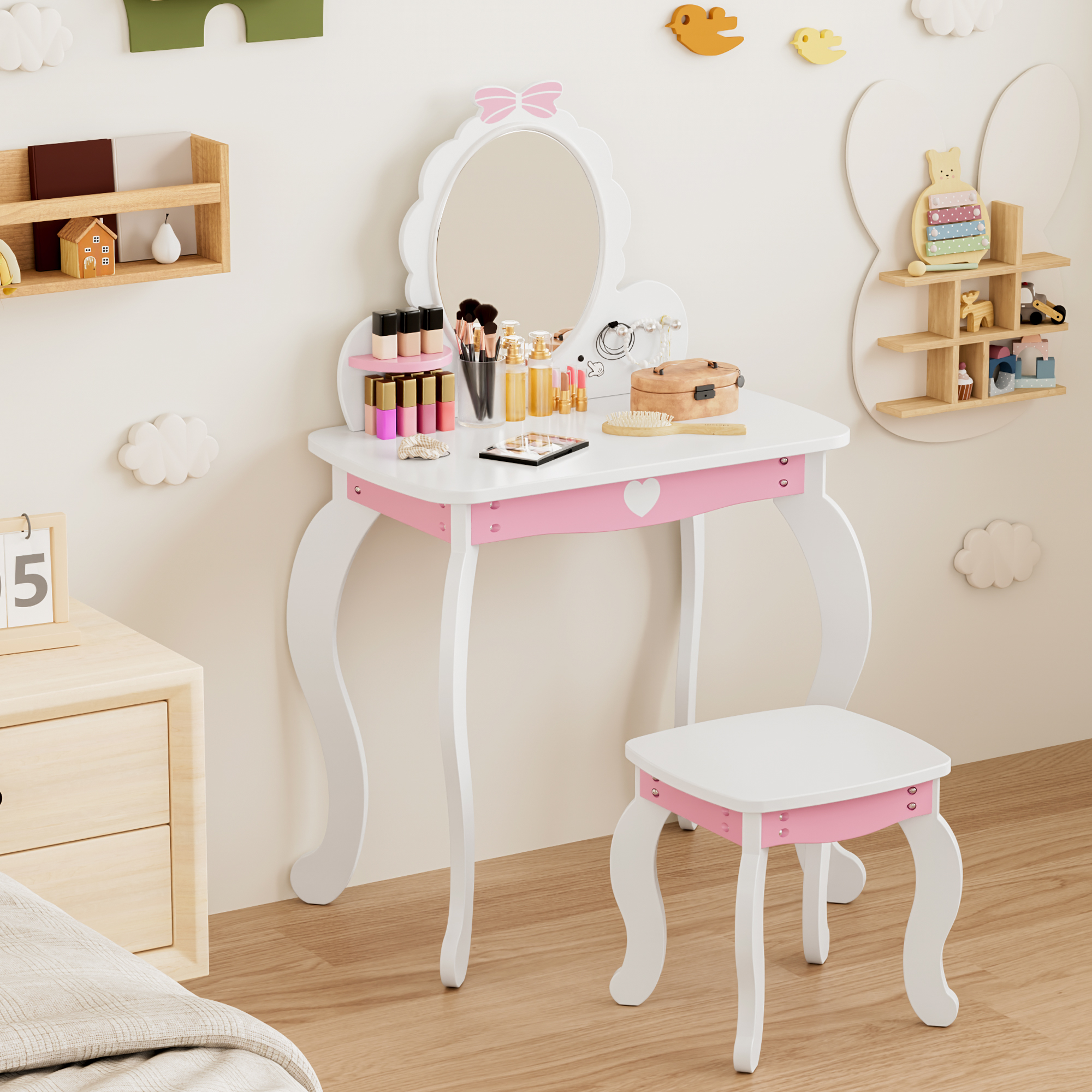 Kids Vanity Set with Lighted Mirror & Stool, White Bow Design - Princess Makeup Dressing Table with Storage, Chair Included - Toddler Girls Play Beauty Desk