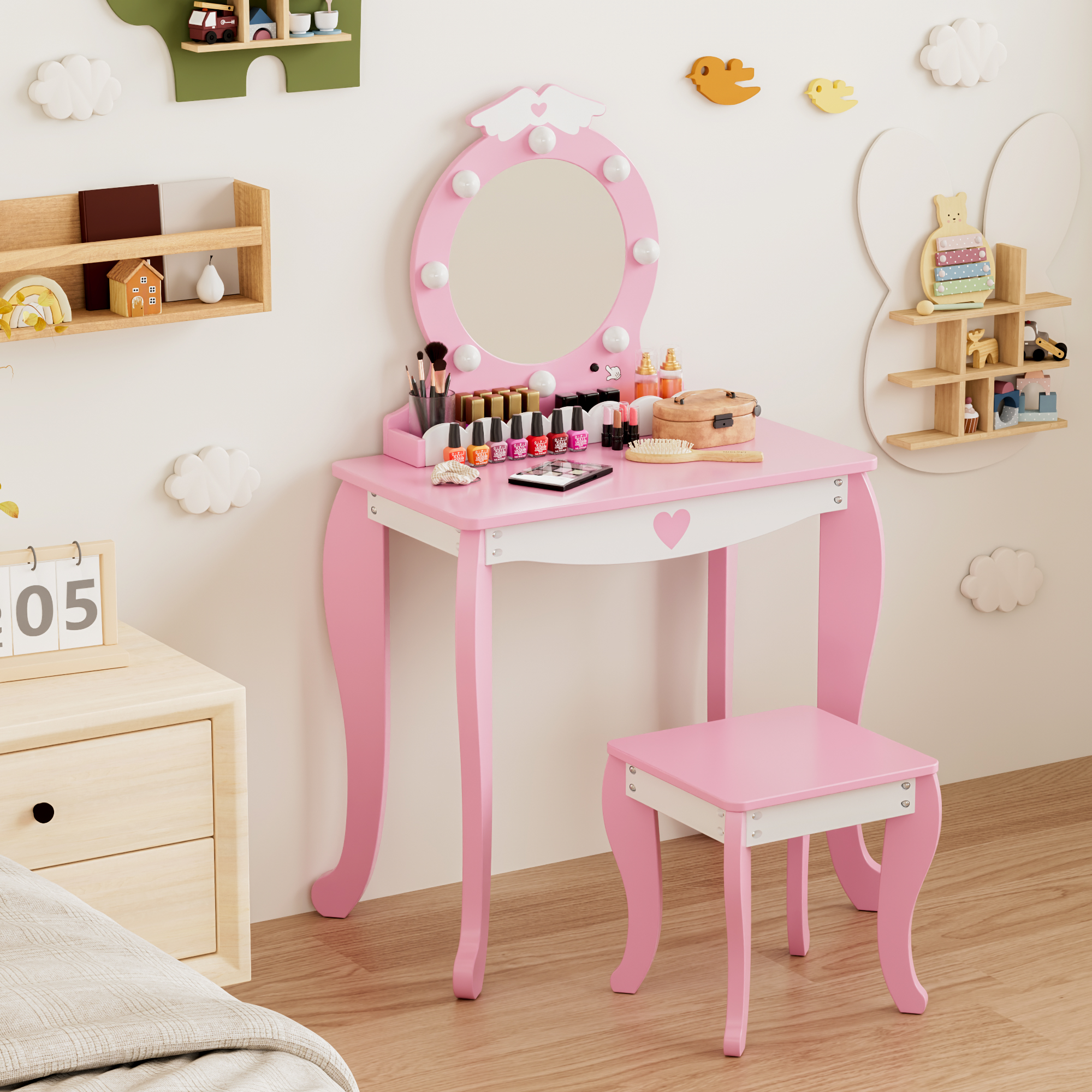 Joywind Kids Makeup Vanity Set , Girls Makeup Vanity Desk with Mirror and Lights, Princess Makeup Dressing Table and Chair Set