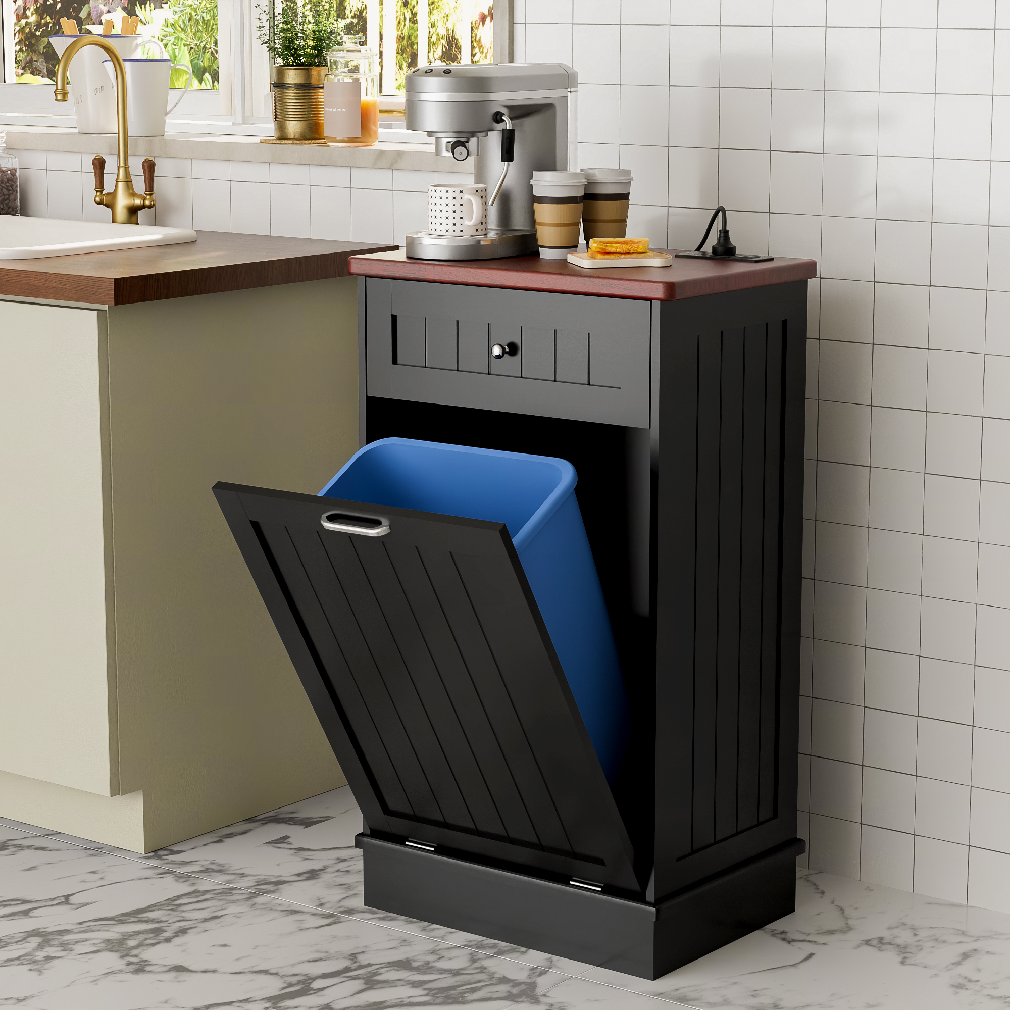 Joywind Tilt-Out Trash Cabinet with Power Outlet, 10 Gallon Storage