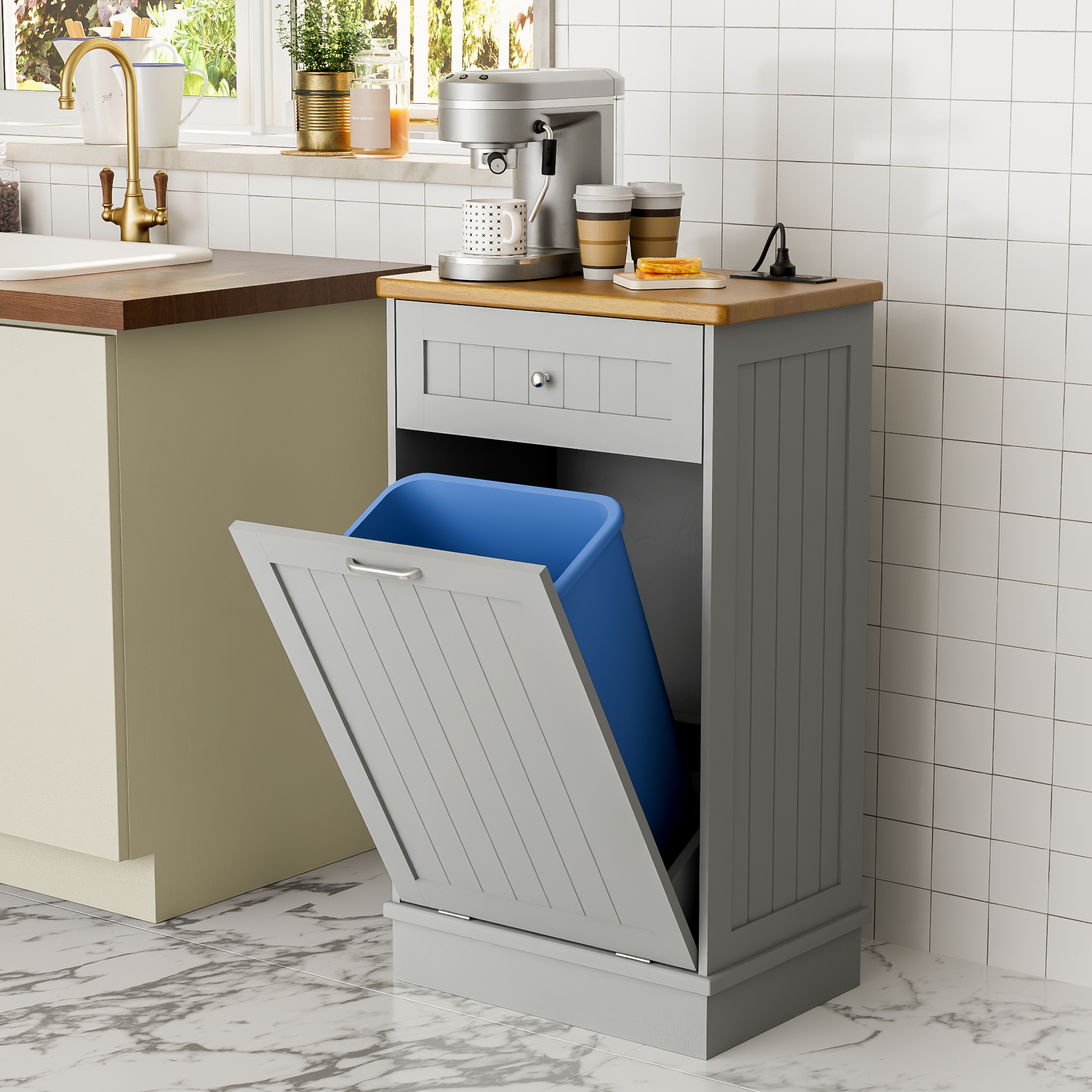 Joywind Tilt-Out Trash Cabinet with Power Outlet, 10 Gallon Storage