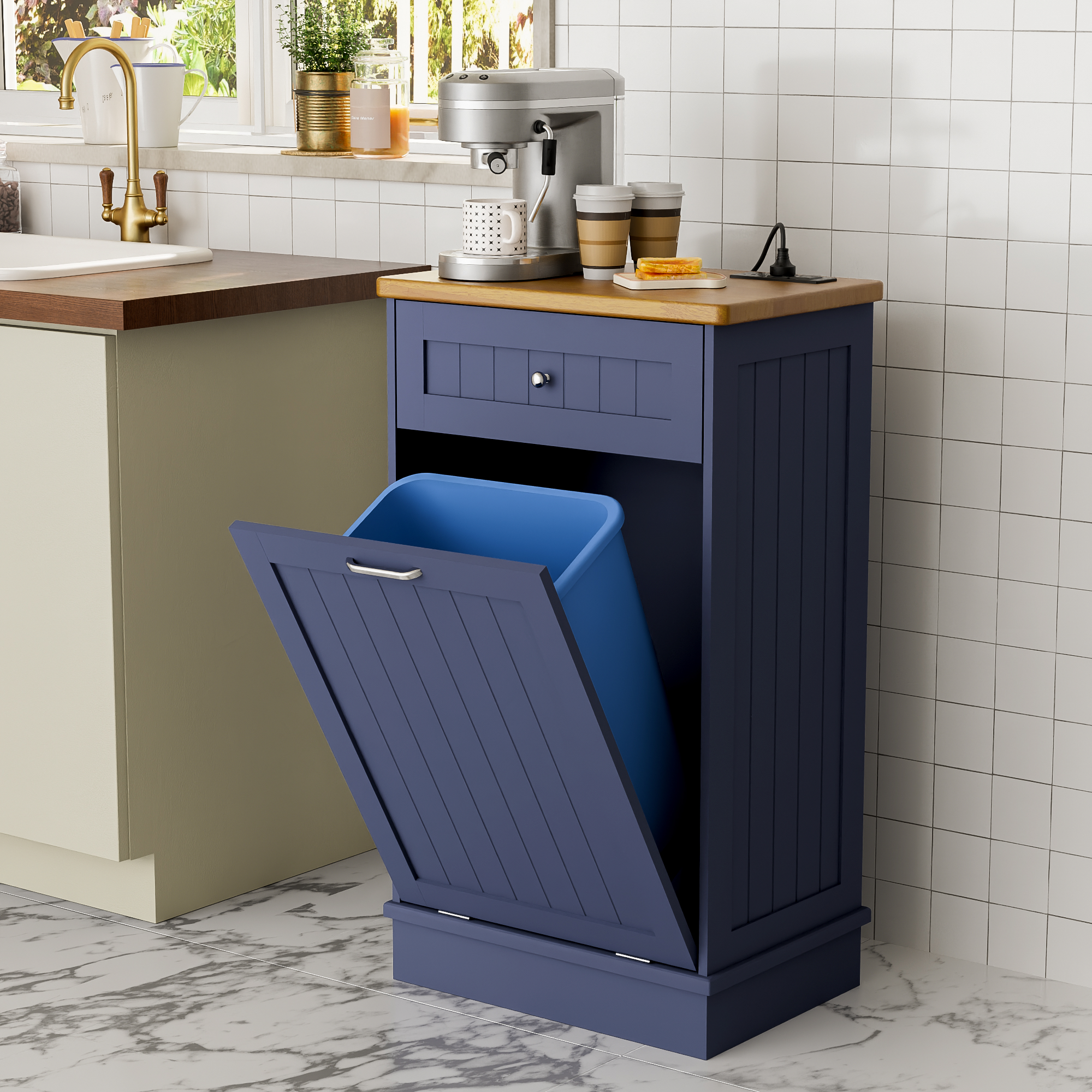Joywind Tilt-Out Trash Cabinet with Power Outlet, 10 Gallon Storage