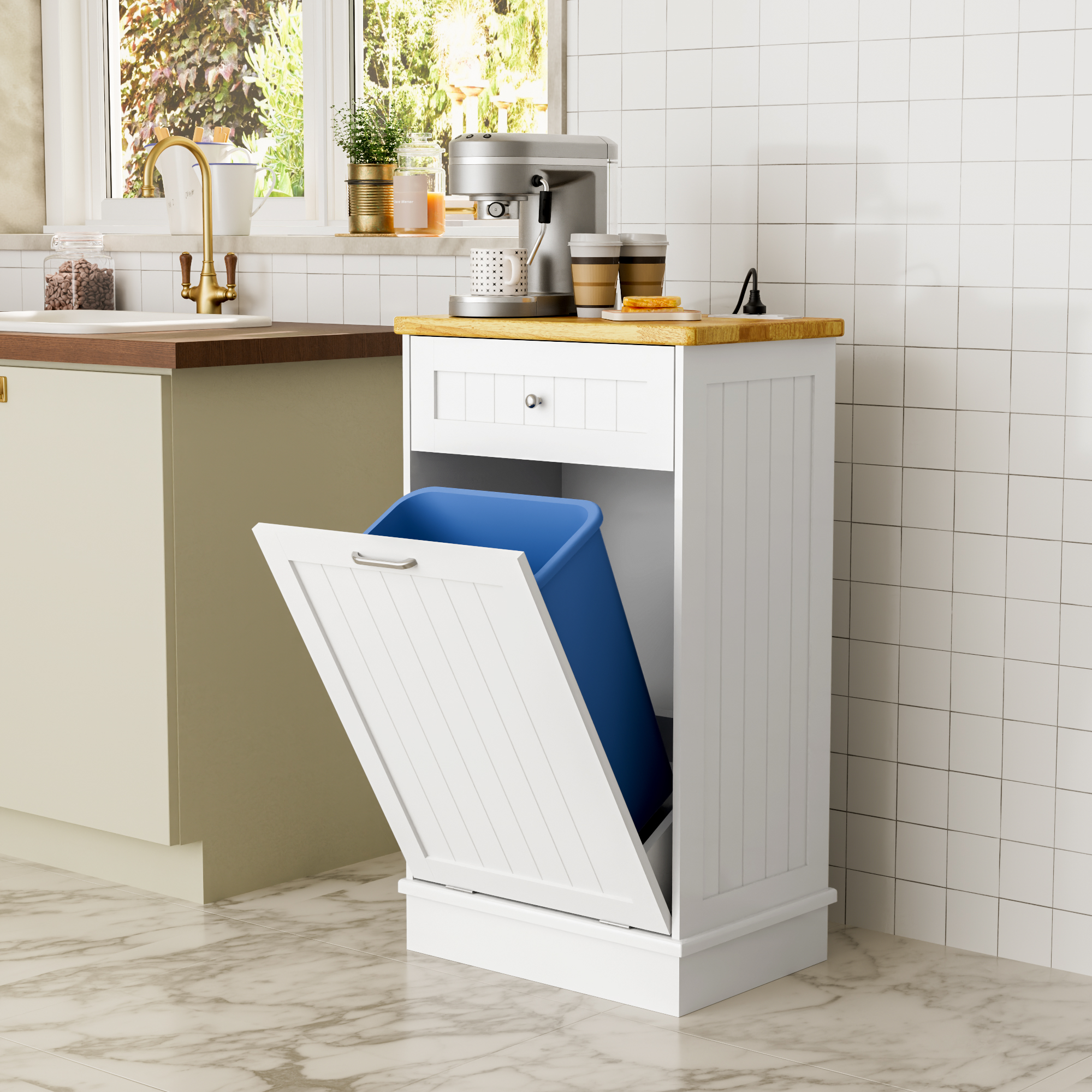 Joywind Tilt-Out Trash Cabinet with Power Outlet, 10 Gallon Storage