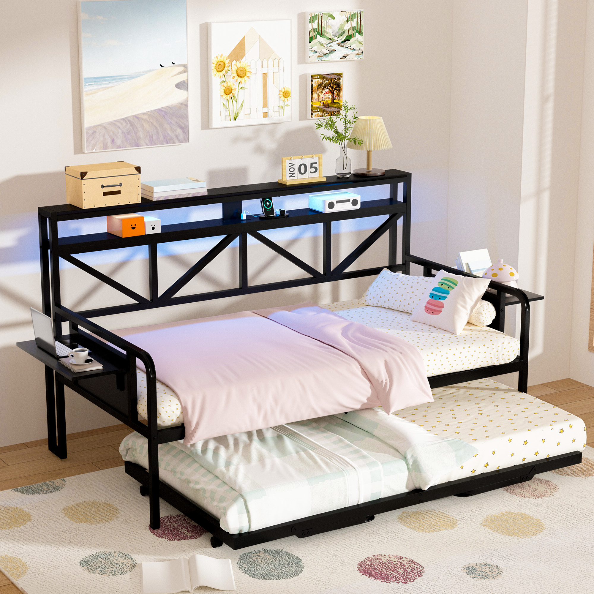 Joywind Daybed with Trundle, Heavy Duty Metal Twin Bed Frame