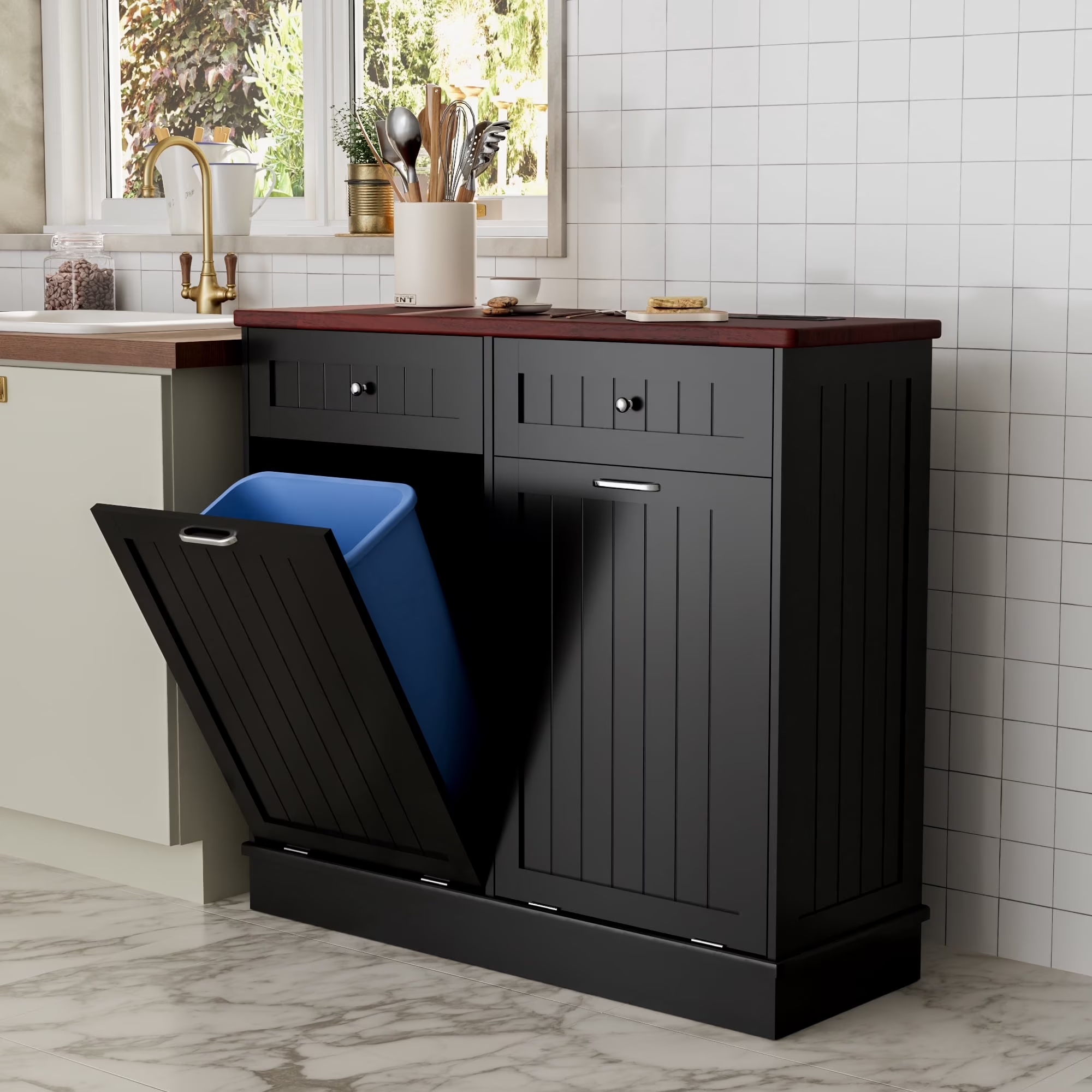 Joywind Double Tilt Out Trash Cabinet, Wooden Free Standing Recycling Bin, 20 Gallon