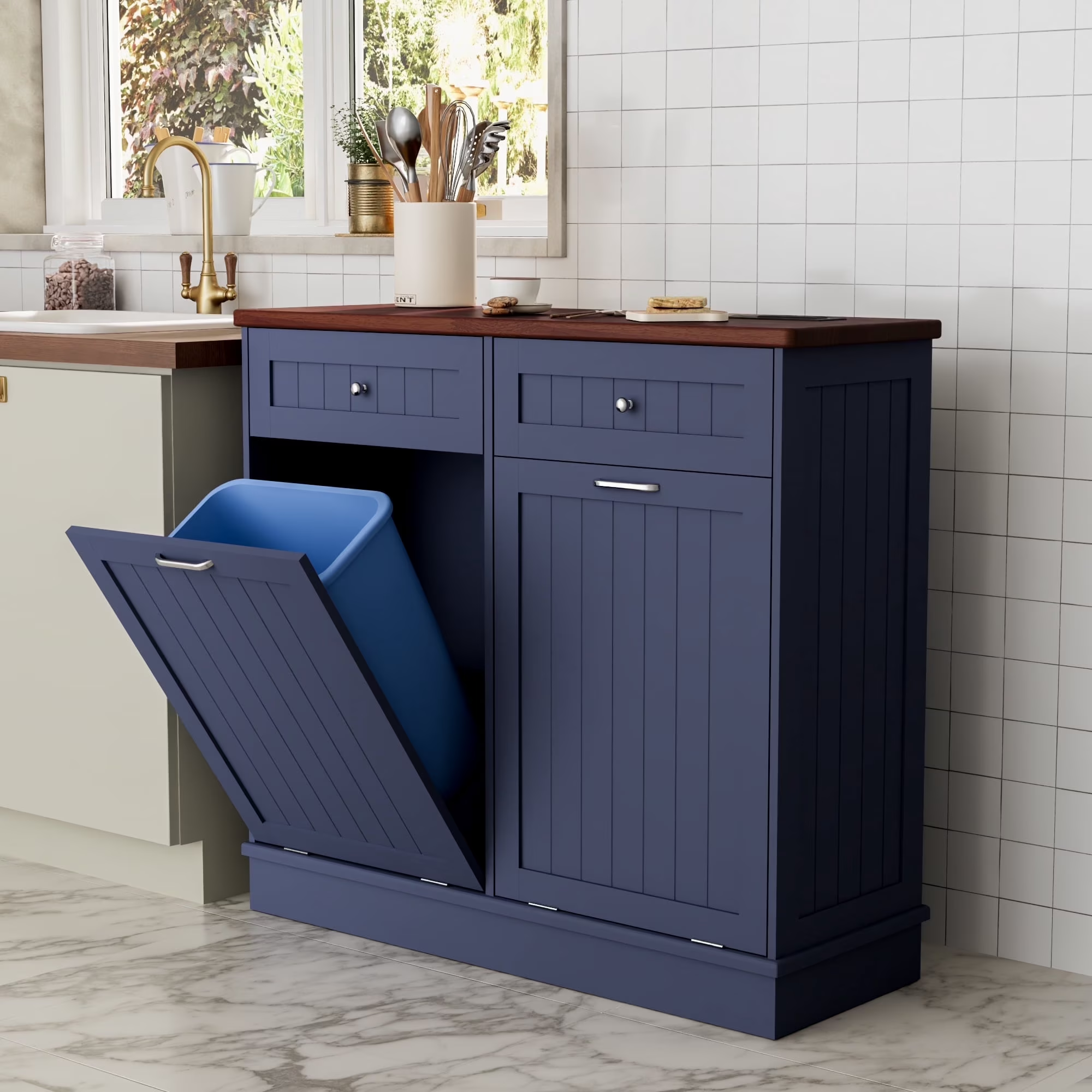 Joywind Double Tilt Out Trash Cabinet, Wooden Free Standing Recycling Bin, 20 Gallon