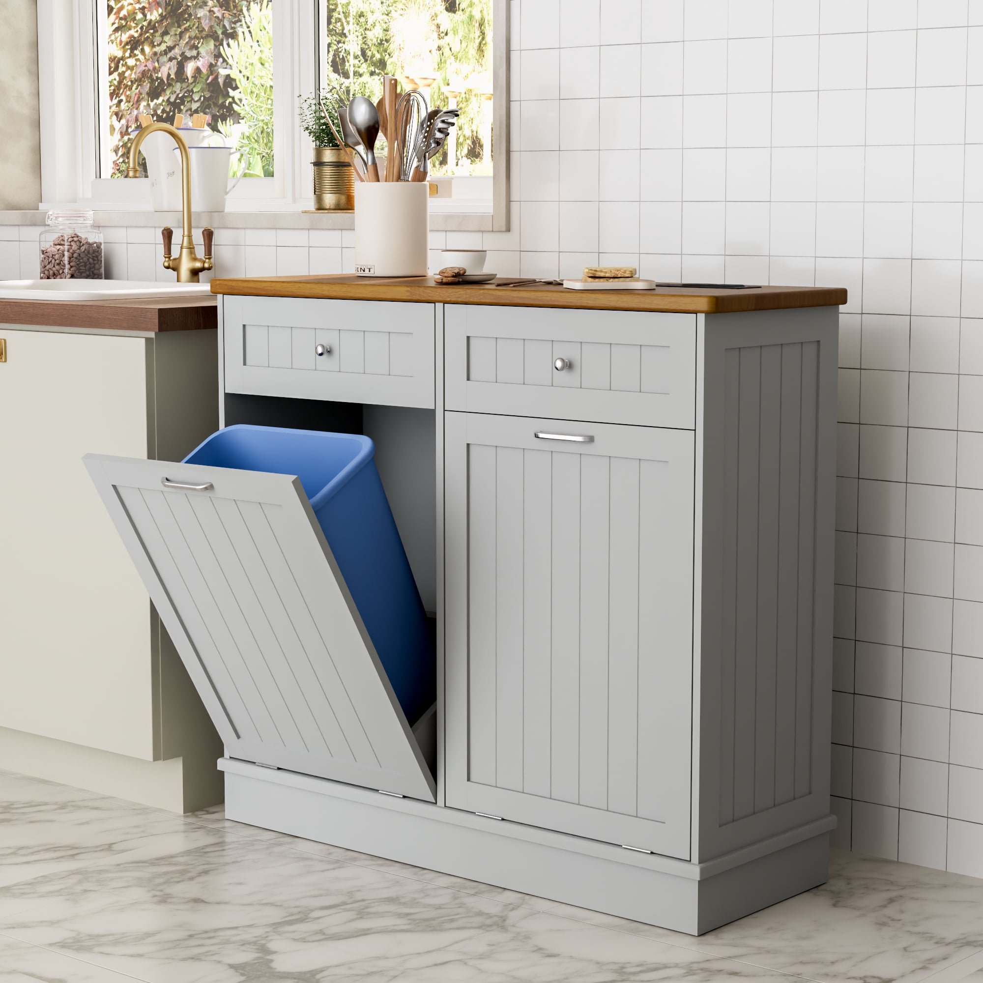 Joywind Double Tilt Out Trash Cabinet, Wooden Free Standing Recycling Bin, 20 Gallon