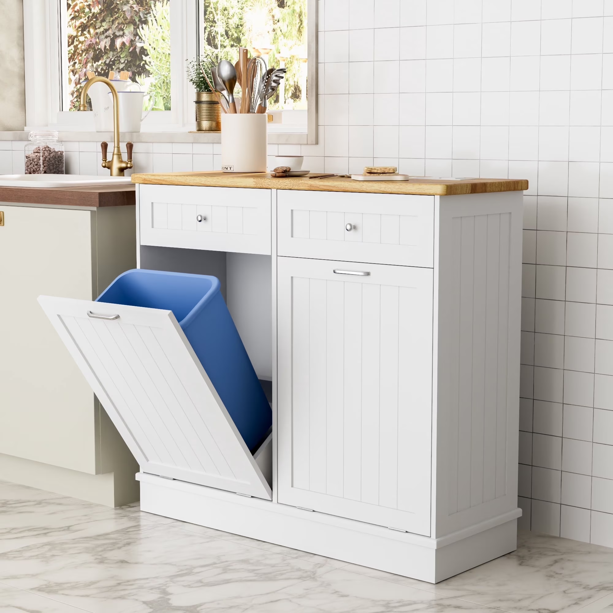 Joywind Double Tilt Out Trash Cabinet, Wooden Free Standing Recycling Bin, 20 Gallon