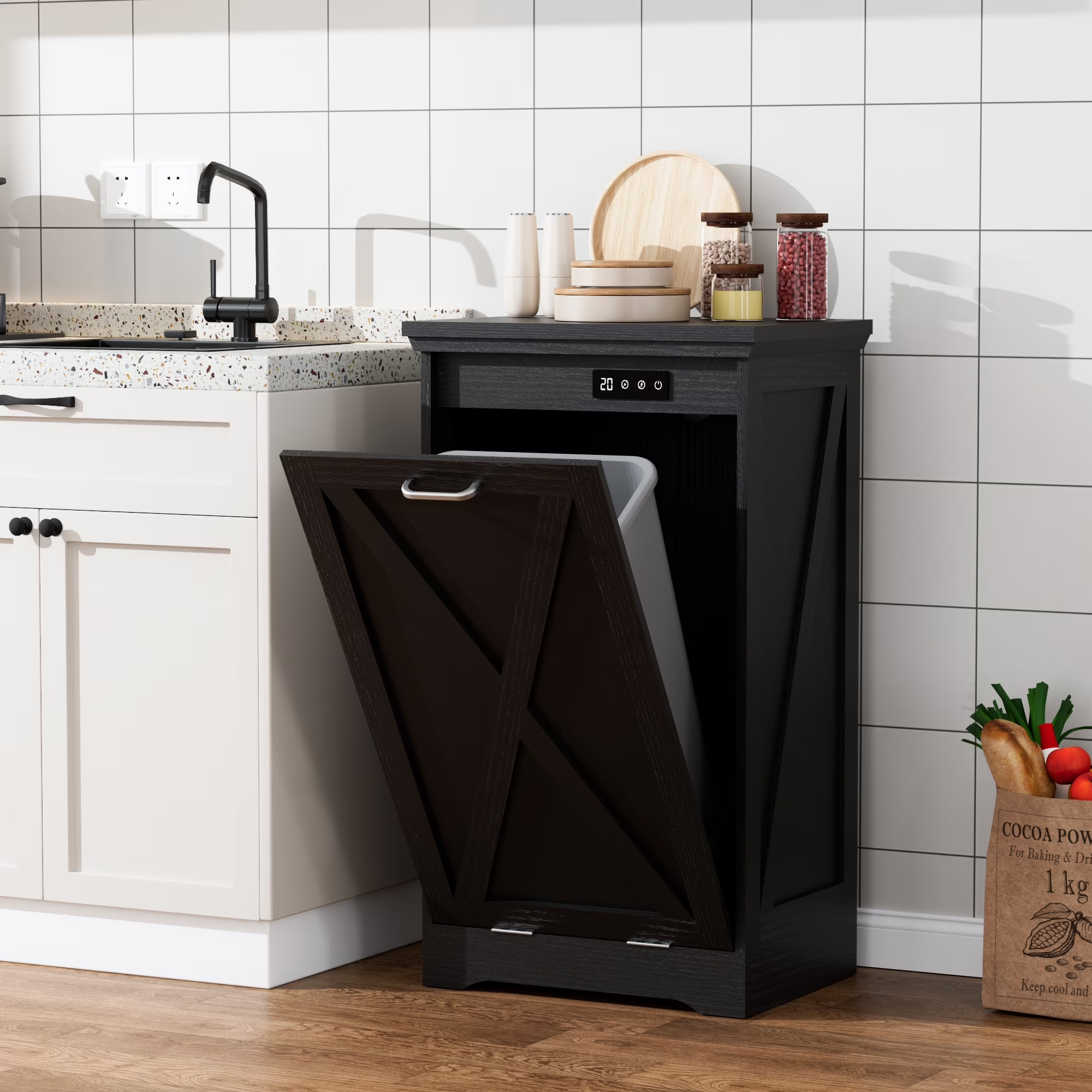 Joywind 13 Gallon Tilt-Out Trash Can Cabinet – Hidden Kitchen Trash Bin with Odor Control & Negative Ion, Pet-Proof Design –Black