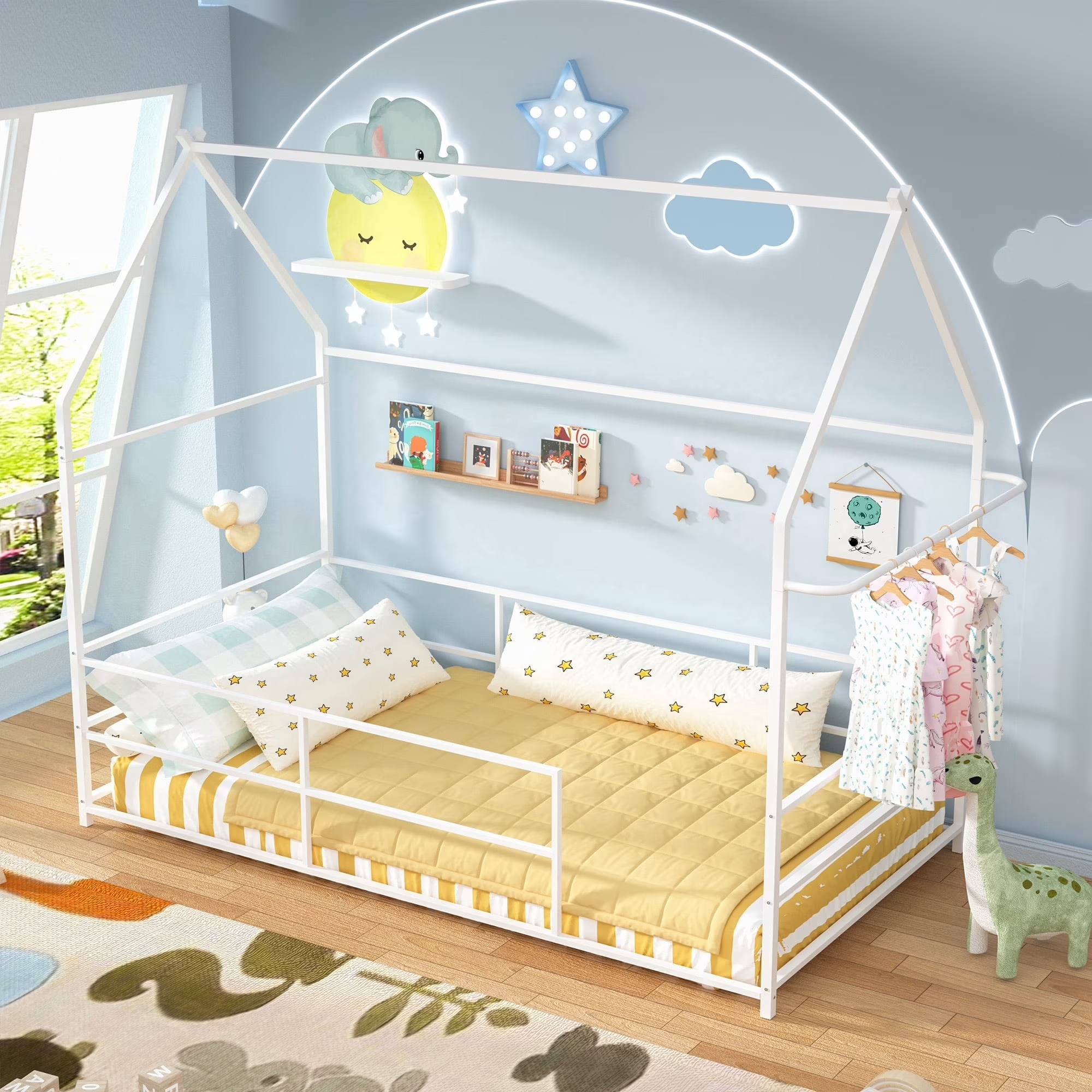Joywind Metal Twin Floor House Bed with Headboard, Footboard & Guardrails - Montessori Style Bed Frame with Hanging Bar for Boys, Girls
