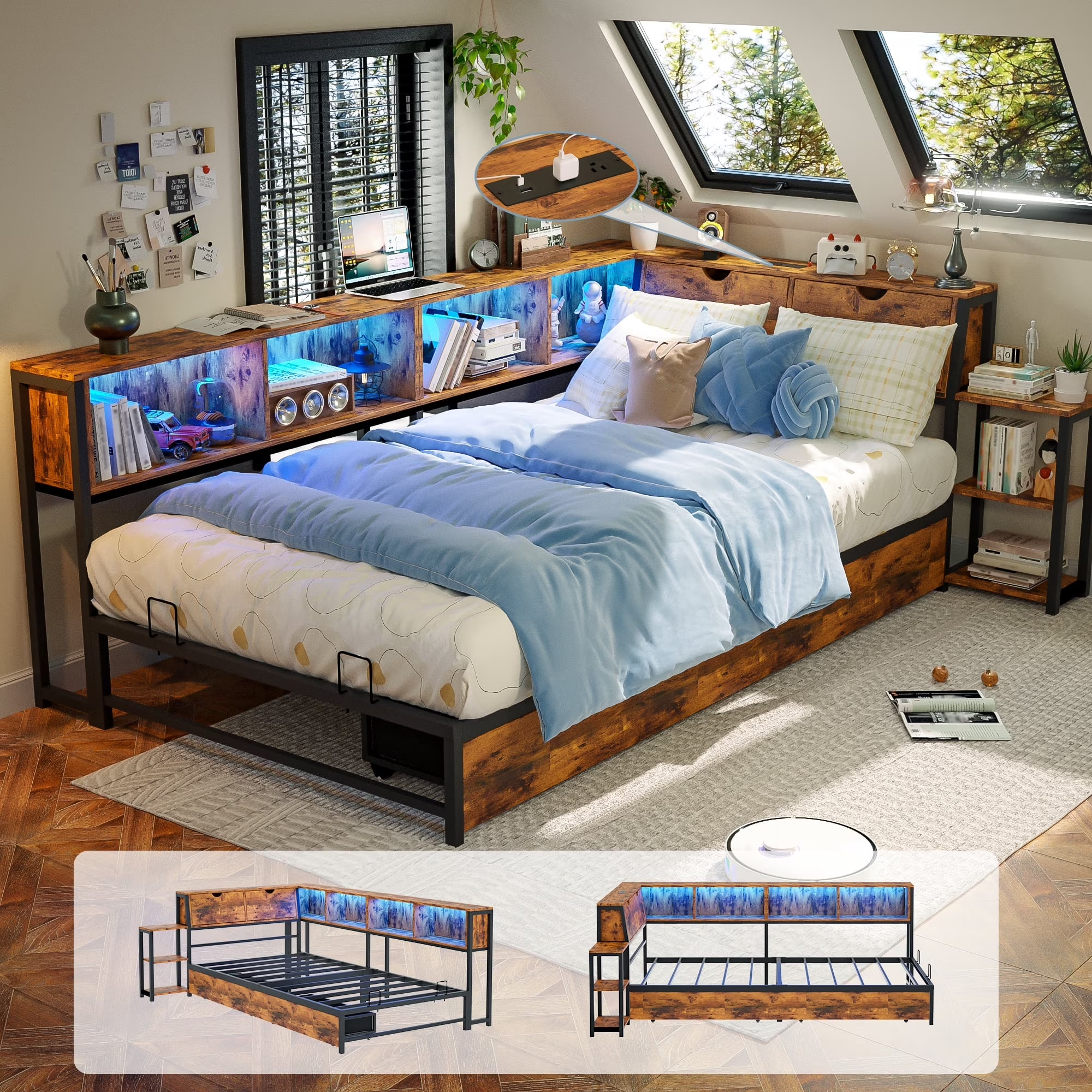 Joywind Corner Twin Bed Frame with Storage Shelves & USB Charging Station, LED Light Metal Platform Daybed with Drawers for Bedroom, Living Room, or Guest Room,