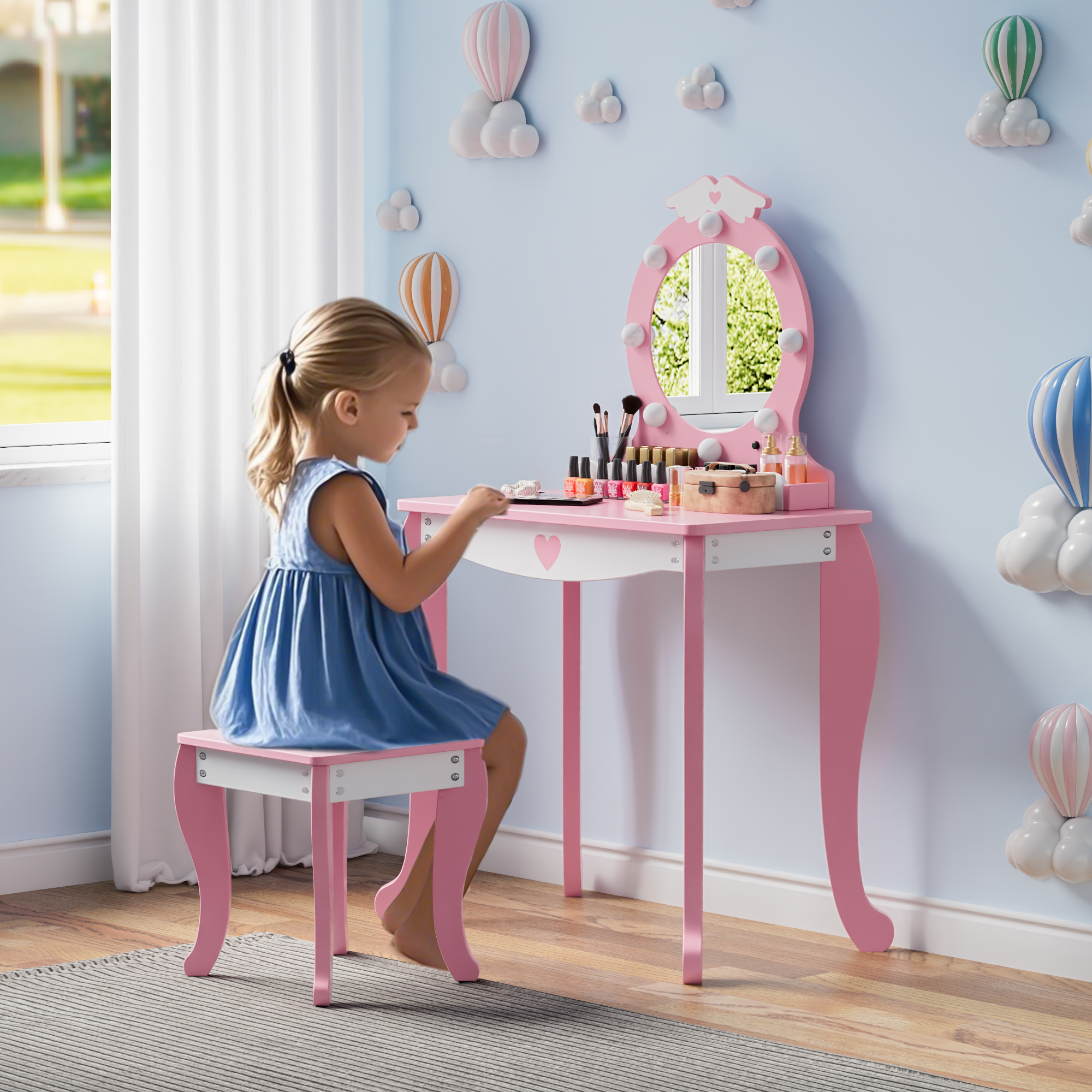 Kids Vanity Set with Lighted Mirror & Stool, White Bow Design - Princess Makeup Dressing Table with Storage, Chair Included - Toddler Girls Play Beauty Desk