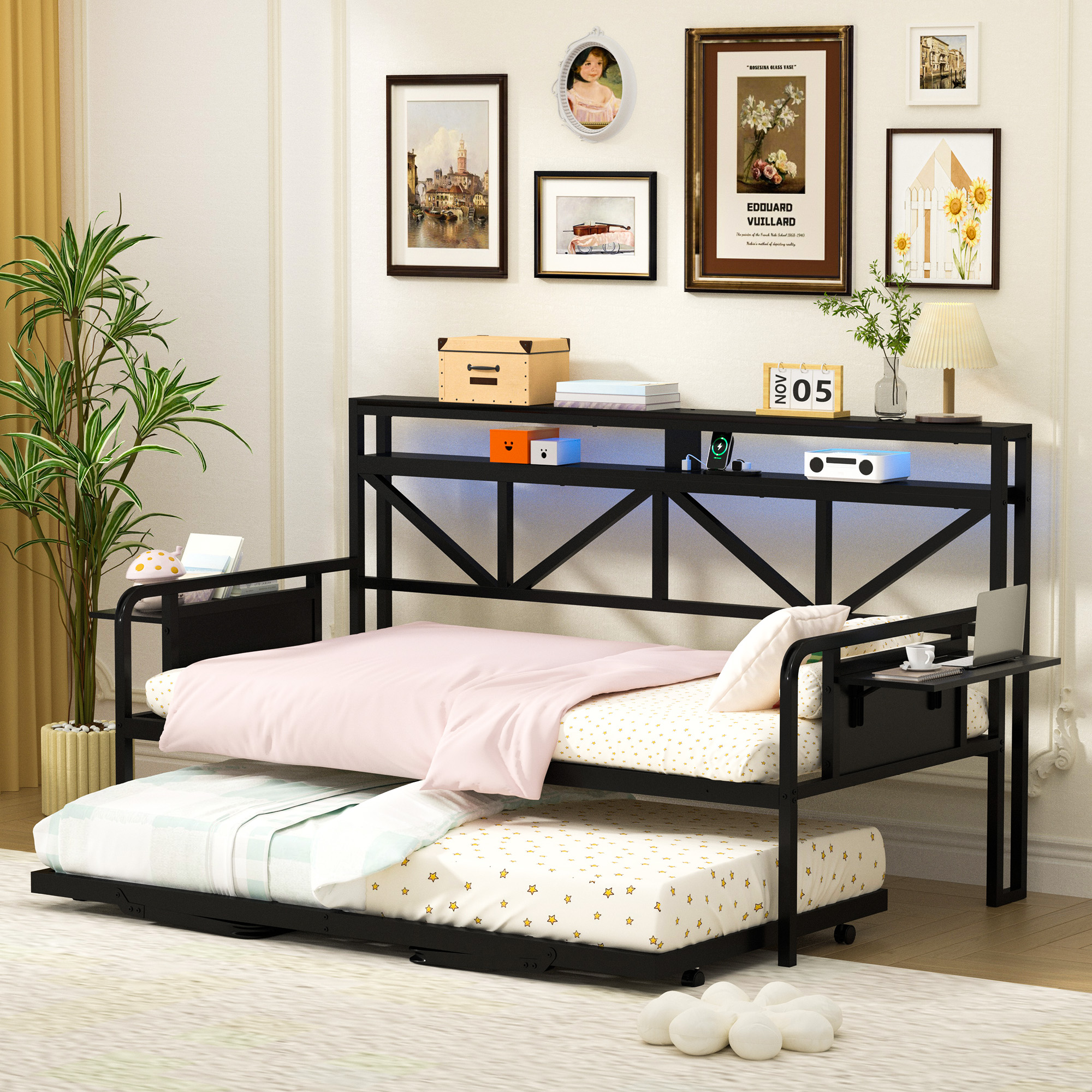 Joywind Daybed with Trundle, Heavy Duty Metal Twin Bed Frame