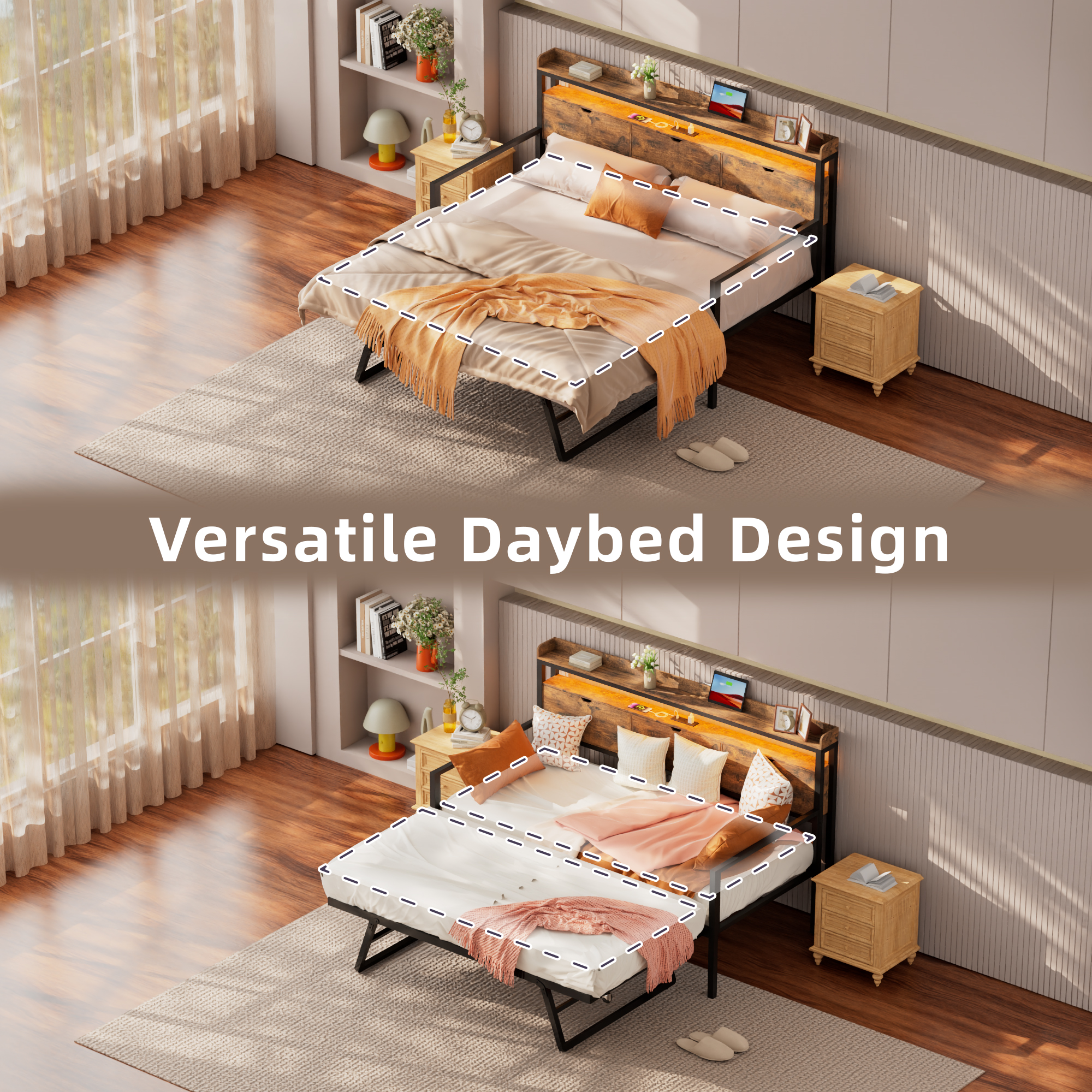 Joywind Twin Daybed with Trundle, Metal Bed Frame with Storage Headboard, Charging Station & Pop-Up Trundle , Rustic Brown