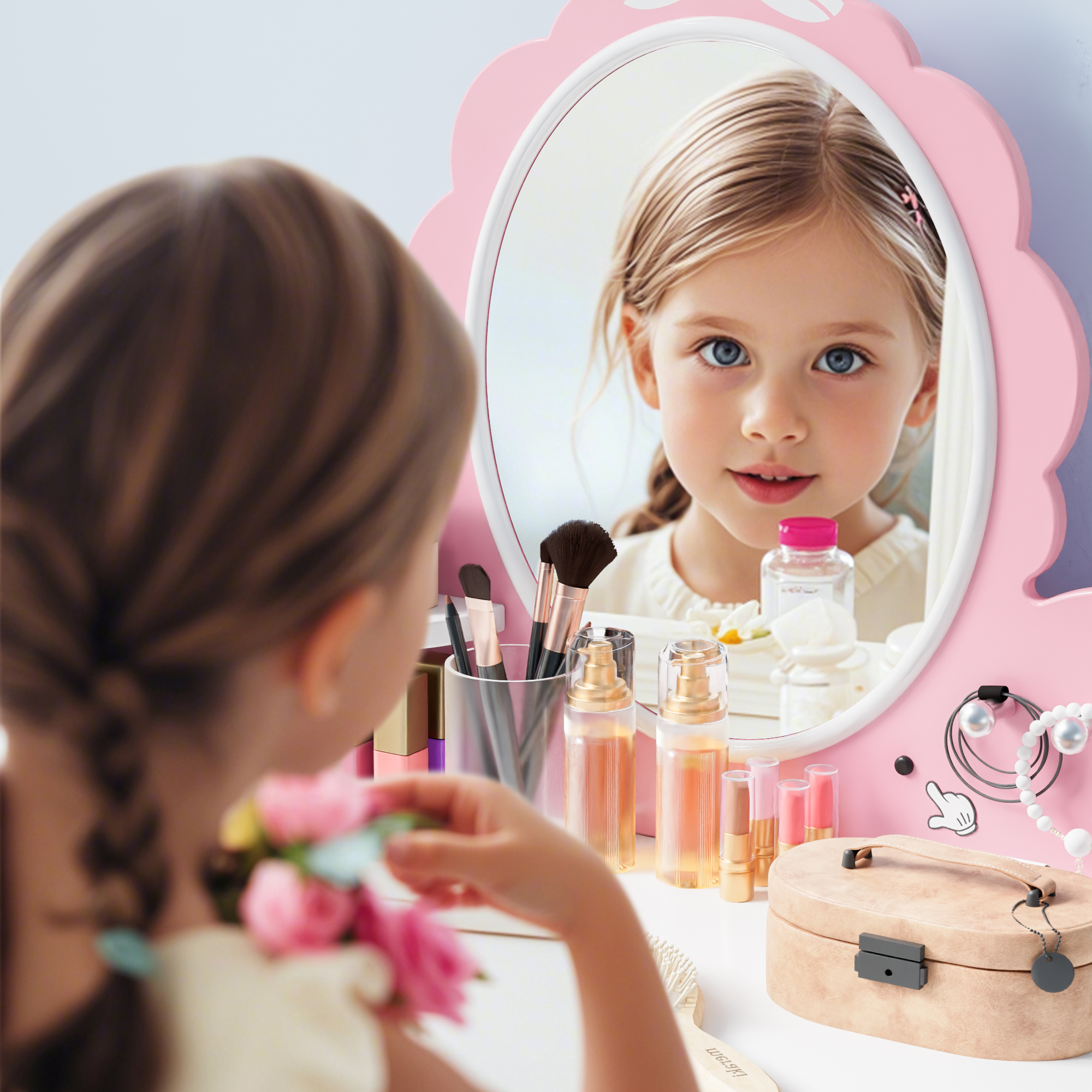 Kids Vanity Set with Lighted Mirror & Stool, White Bow Design - Princess Makeup Dressing Table with Storage, Chair Included - Toddler Girls Play Beauty Desk