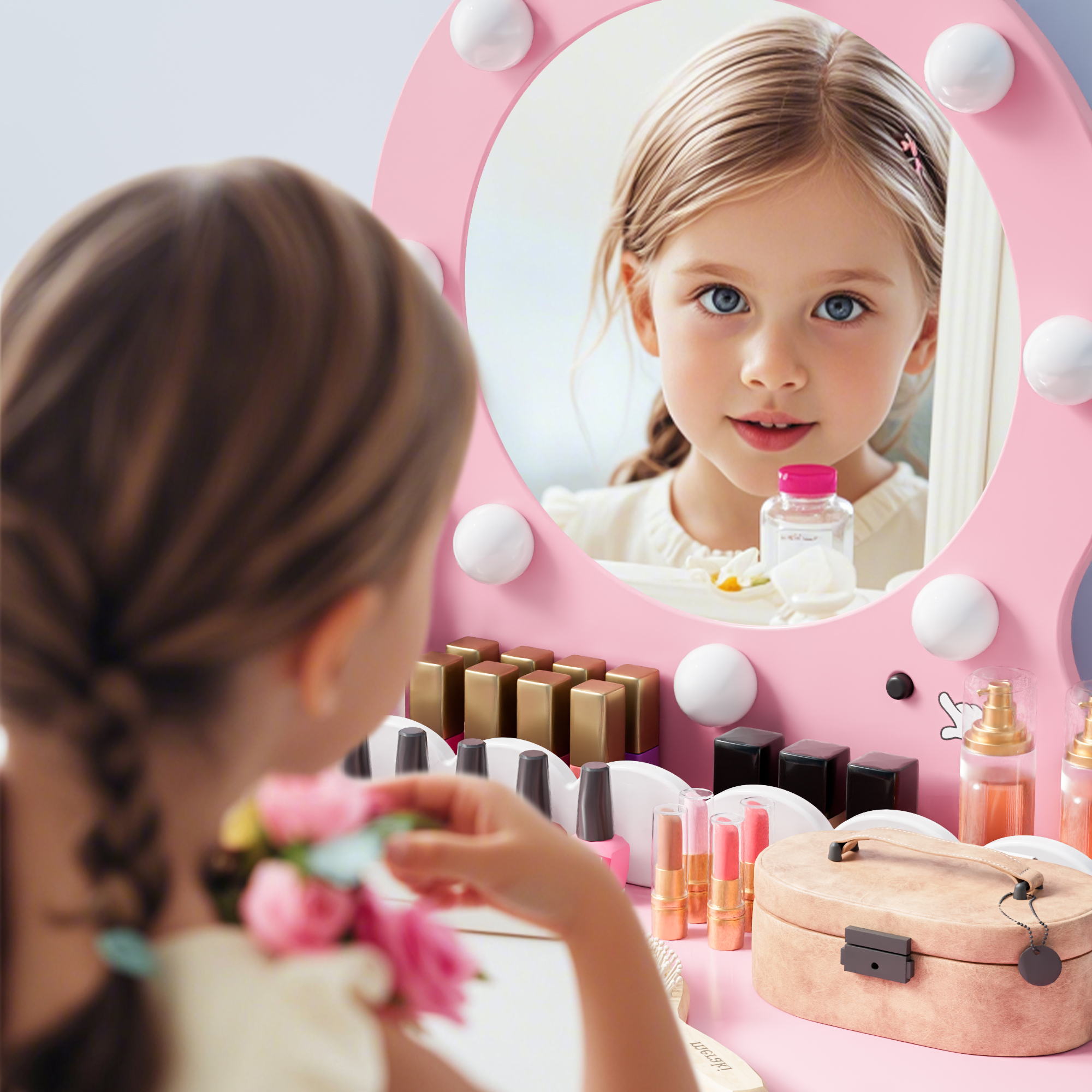 Joywind Kids Makeup Vanity Set , Girls Makeup Vanity Desk with Mirror and Lights, Princess Makeup Dressing Table and Chair Set