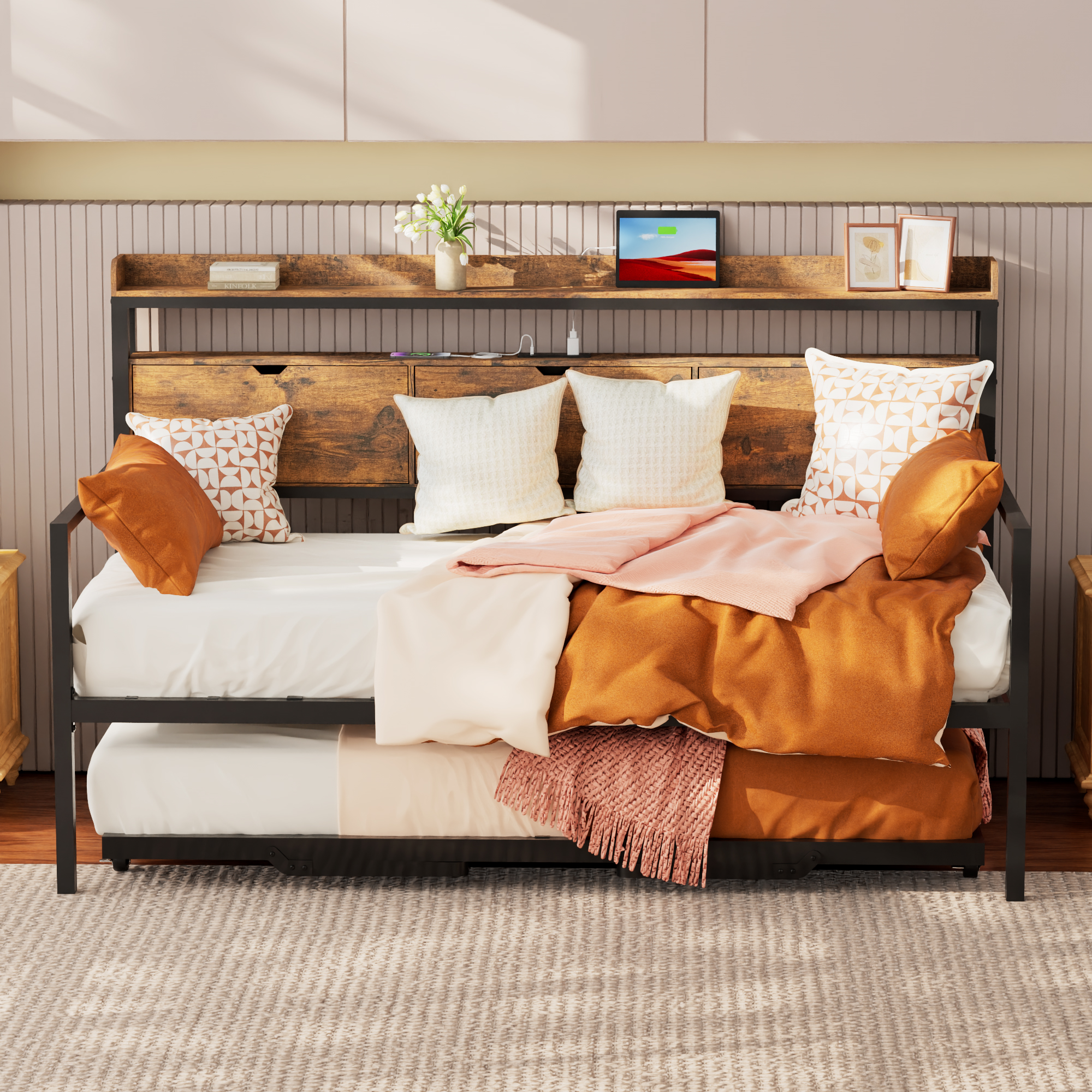 Joywind Twin Daybed with Trundle, Metal Bed Frame with Storage Headboard, Charging Station & Pop-Up Trundle , Rustic Brown