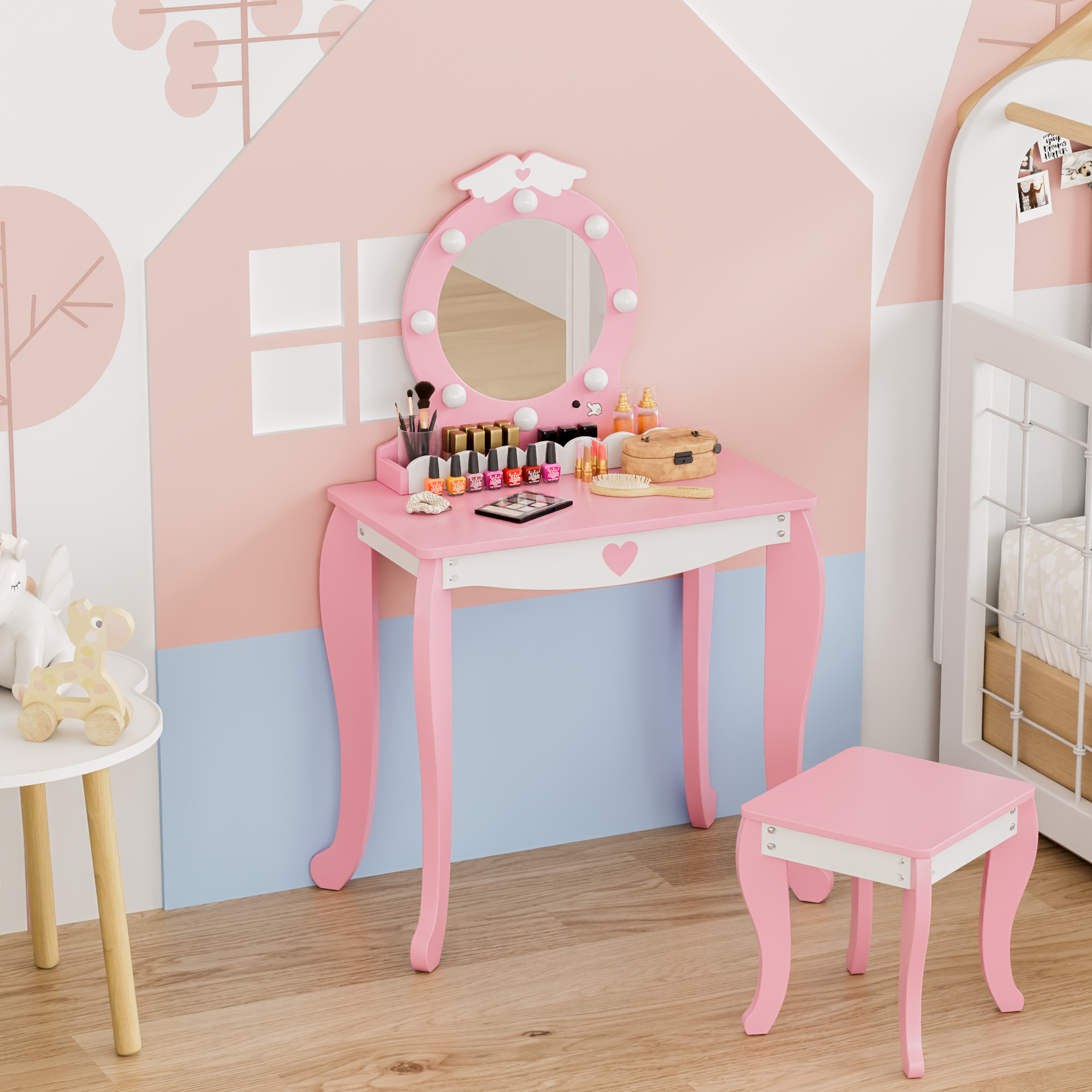 Joywind Kids Makeup Vanity Set , Girls Makeup Vanity Desk with Mirror and Lights, Princess Makeup Dressing Table and Chair Set