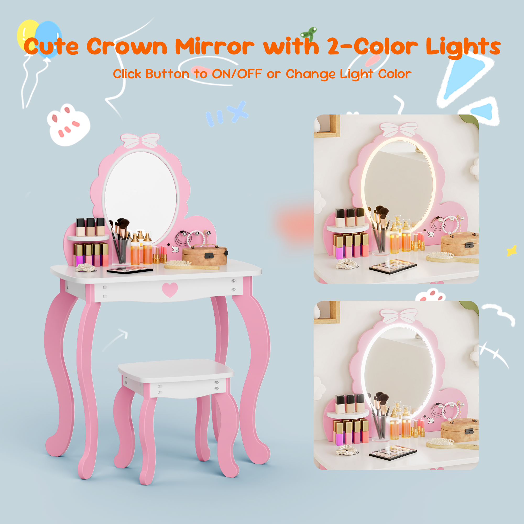 Kids Vanity Set with Lighted Mirror & Stool, White Bow Design - Princess Makeup Dressing Table with Storage, Chair Included - Toddler Girls Play Beauty Desk