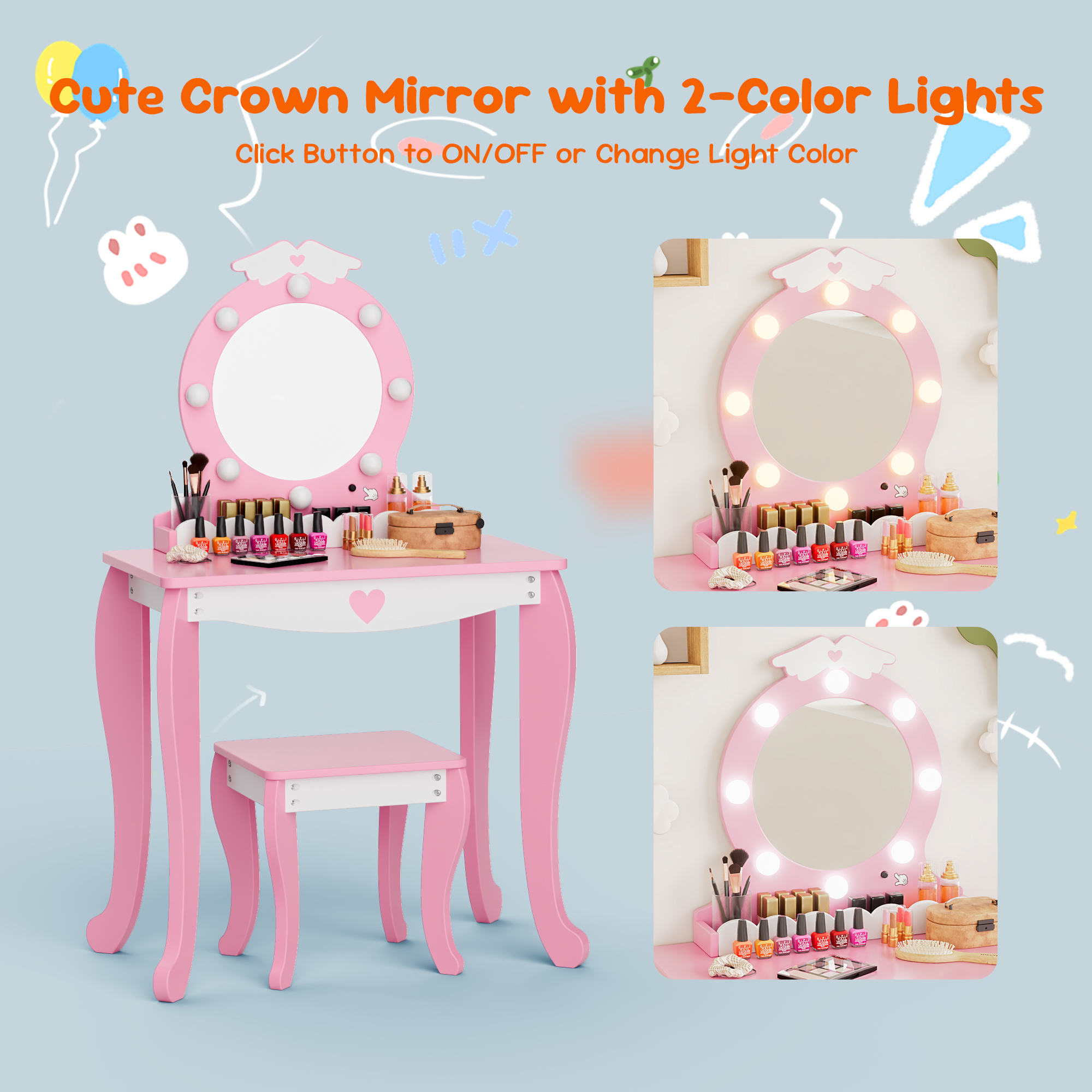 Joywind Kids Makeup Vanity Set , Girls Makeup Vanity Desk with Mirror and Lights, Princess Makeup Dressing Table and Chair Set