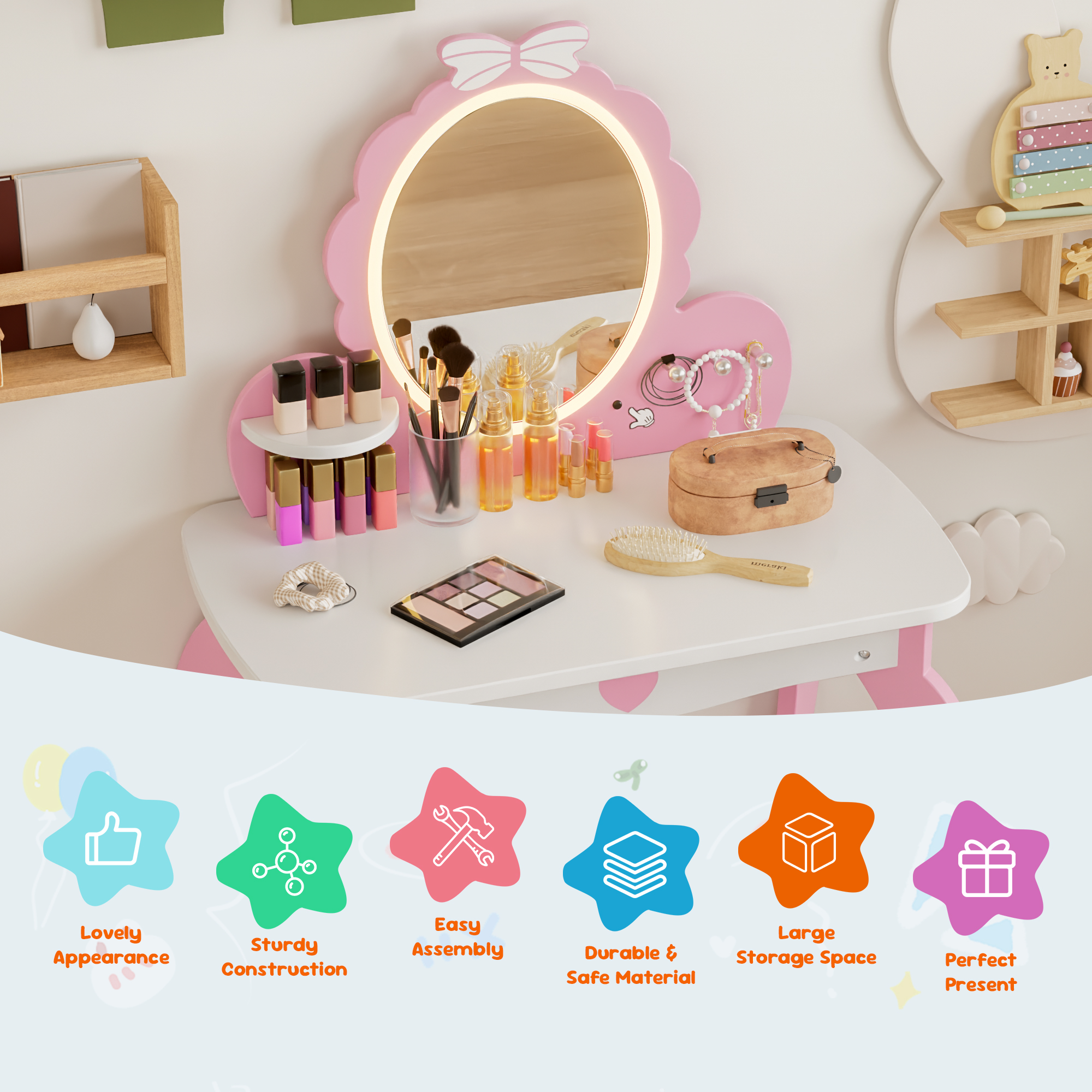 Kids Vanity Set with Lighted Mirror & Stool, White Bow Design - Princess Makeup Dressing Table with Storage, Chair Included - Toddler Girls Play Beauty Desk