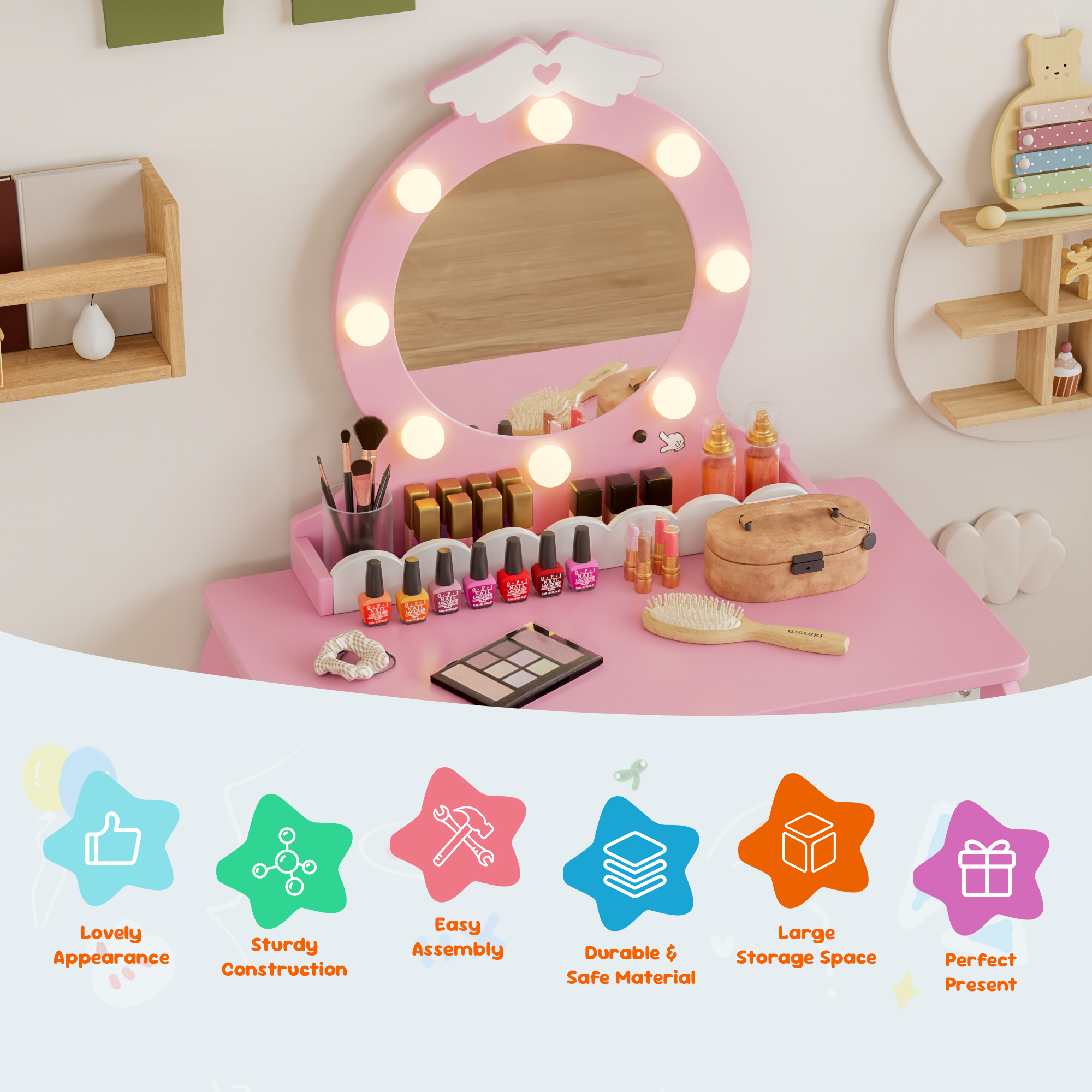 Joywind Kids Makeup Vanity Set , Girls Makeup Vanity Desk with Mirror and Lights, Princess Makeup Dressing Table and Chair Set