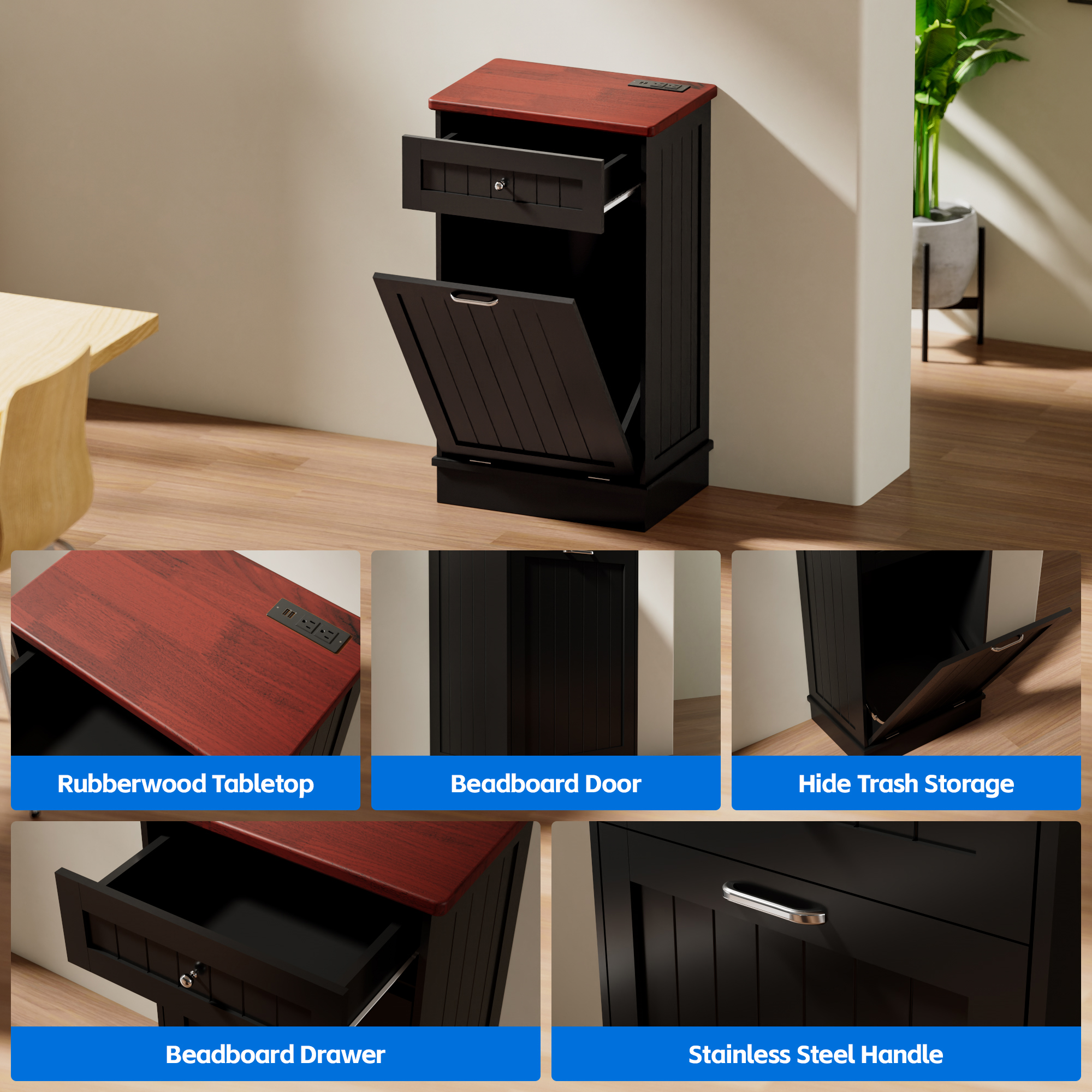 Joywind Tilt-Out Trash Cabinet with Power Outlet, 10 Gallon Storage