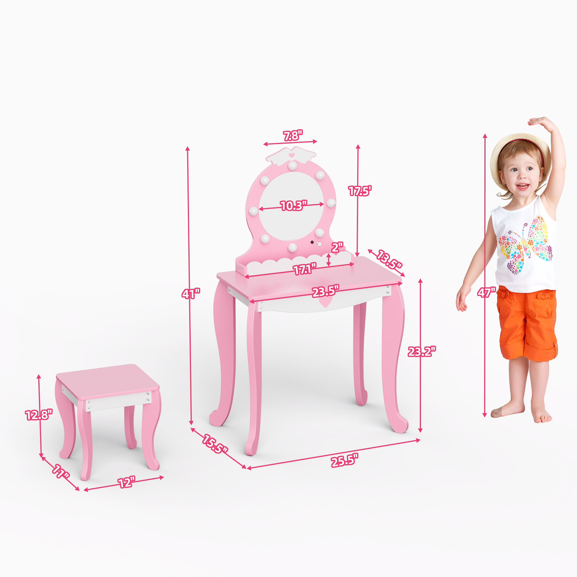Joywind Kids Makeup Vanity Set , Girls Makeup Vanity Desk with Mirror and Lights, Princess Makeup Dressing Table and Chair Set