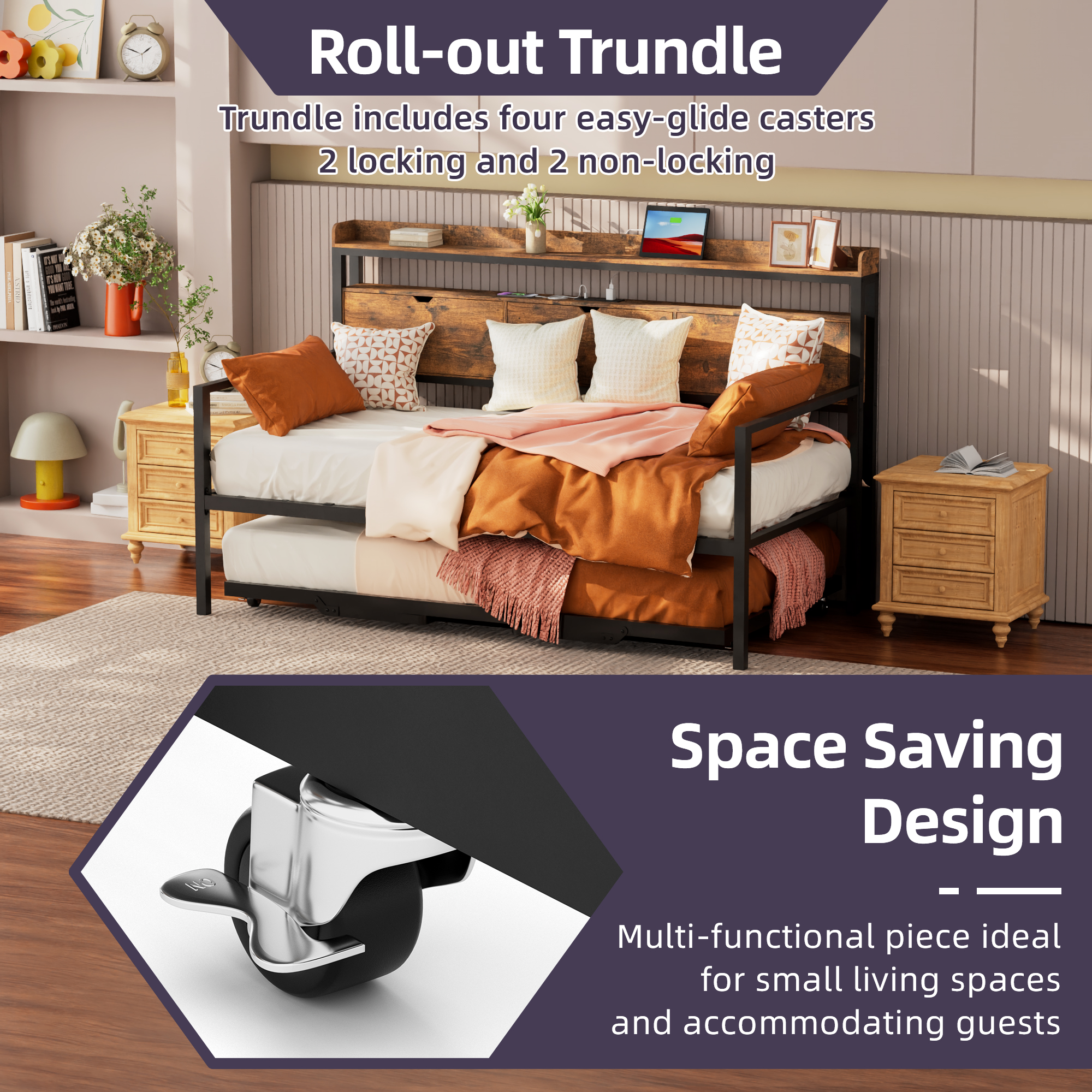 Joywind Twin Daybed with Trundle, Metal Bed Frame with Storage Headboard, Charging Station & Pop-Up Trundle , Rustic Brown