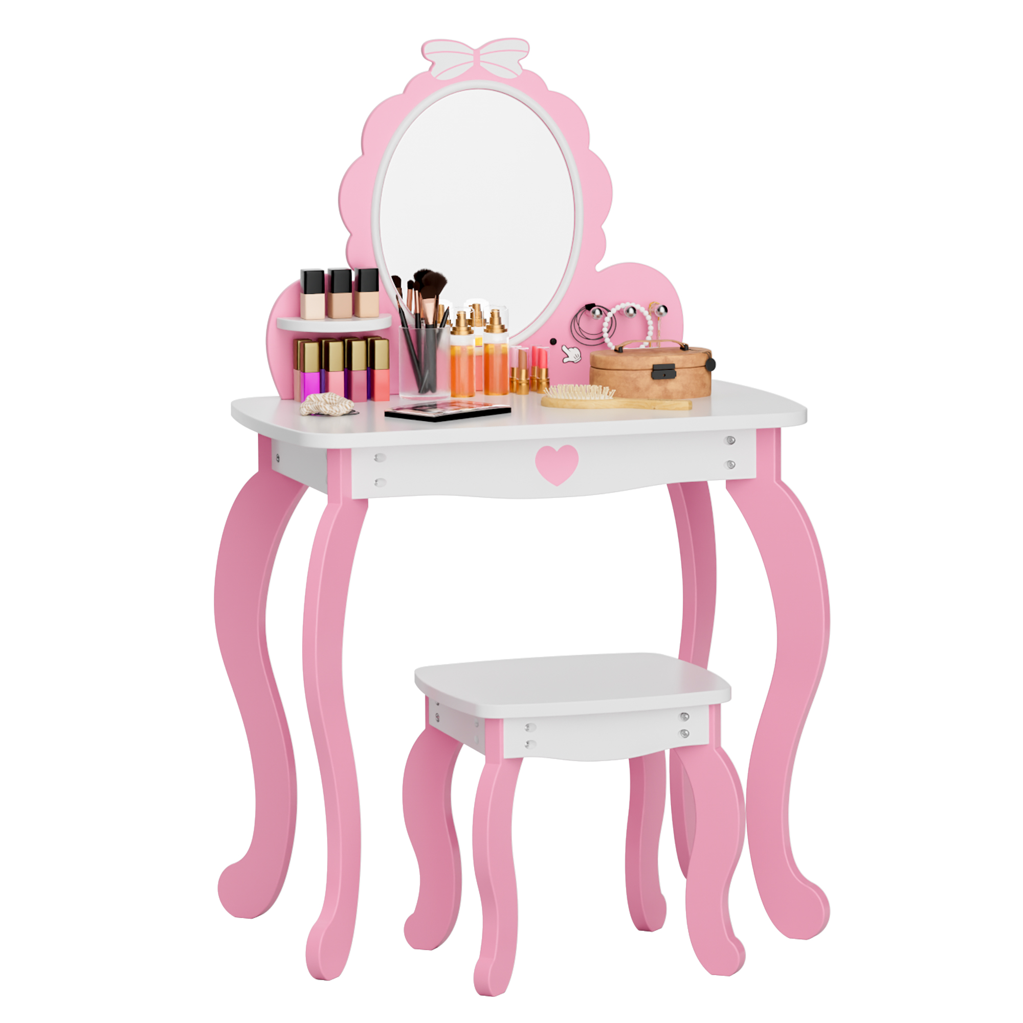 Kids Vanity Set with Lighted Mirror & Stool, White Bow Design - Princess Makeup Dressing Table with Storage, Chair Included - Toddler Girls Play Beauty Desk