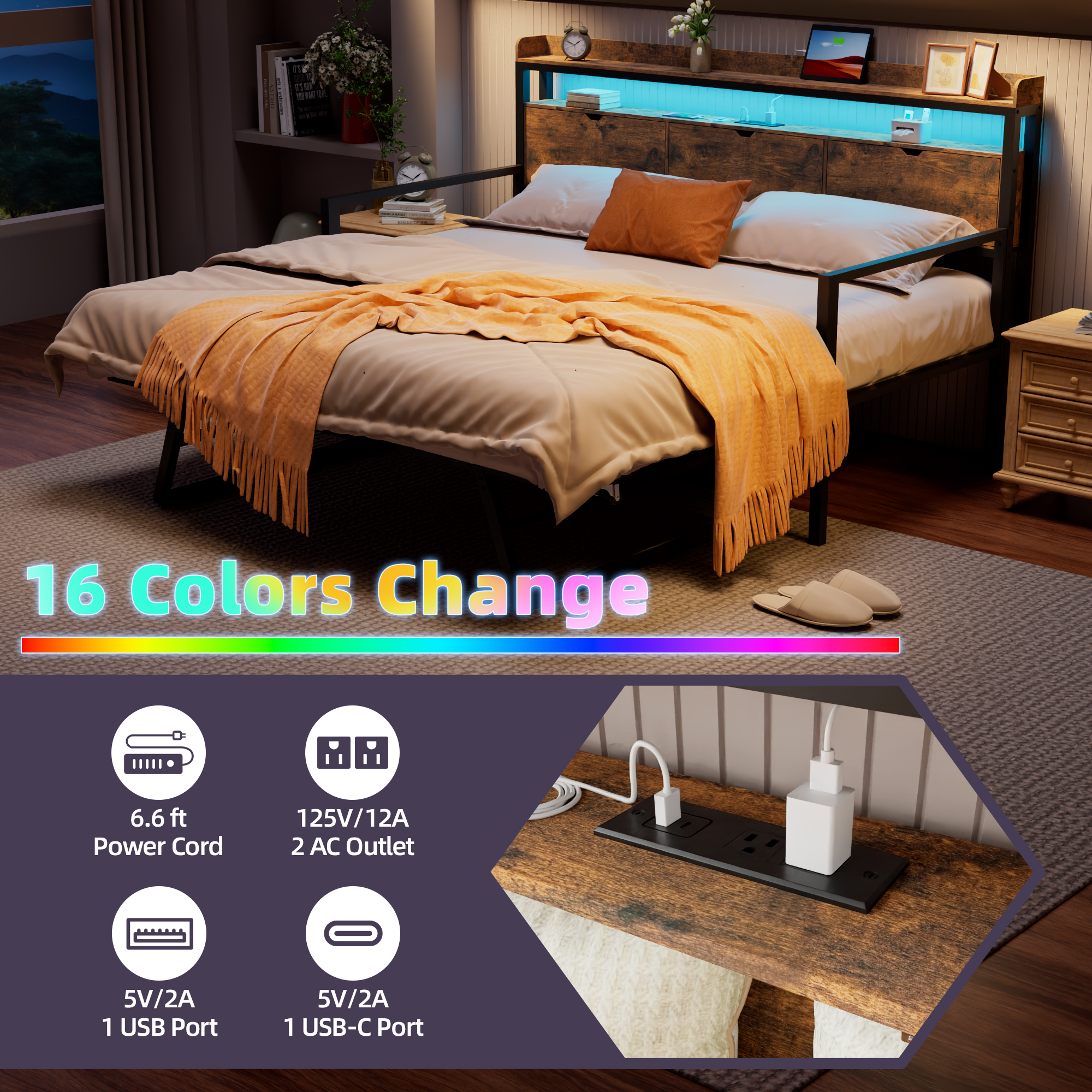 Joywind Twin Daybed with Trundle, Metal Bed Frame with Storage Headboard, Charging Station & Pop-Up Trundle , Rustic Brown