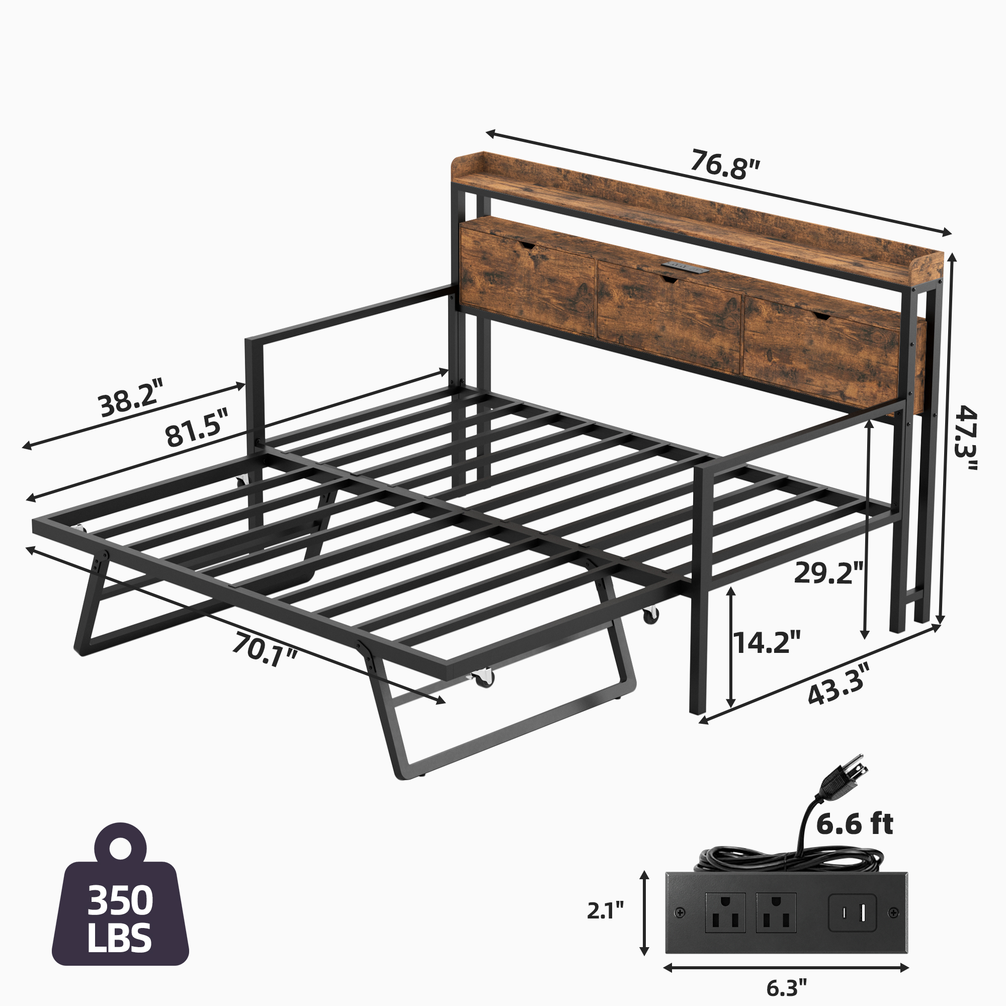 Joywind Twin Daybed with Trundle, Metal Bed Frame with Storage Headboard, Charging Station & Pop-Up Trundle , Rustic Brown