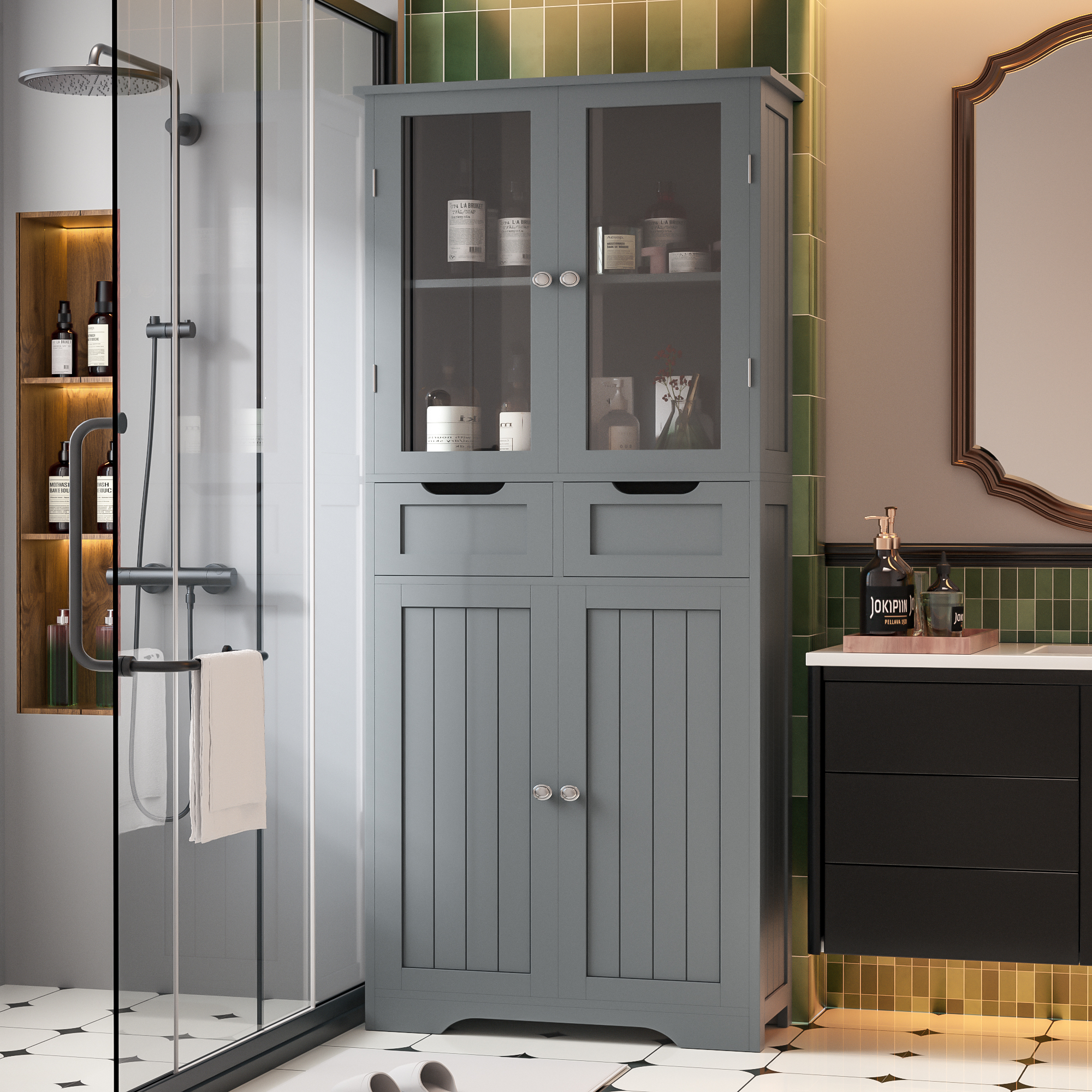 Joywind Freestanding Bathroom Storage Cabinet with Glass Doors - 67" Tall Linen Organizer with 2 Drawers & Adjustable Shelves, for Bathroom, Kitchen, Living Room, Office Storage