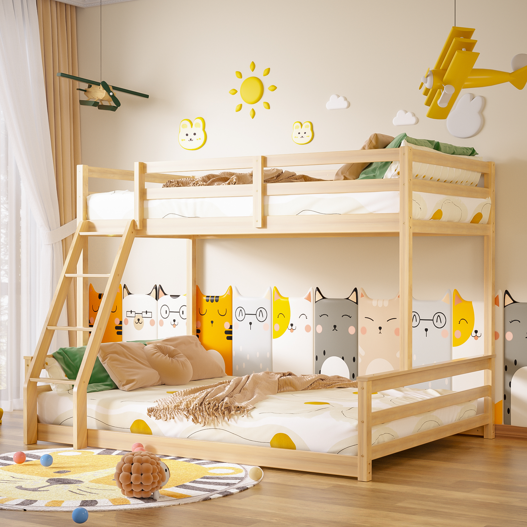 Joywind Solid Wood Twin Over Full Bunk Bed with Ladder & Full Guardrails for Boys, Girls, Kids, Bedroom