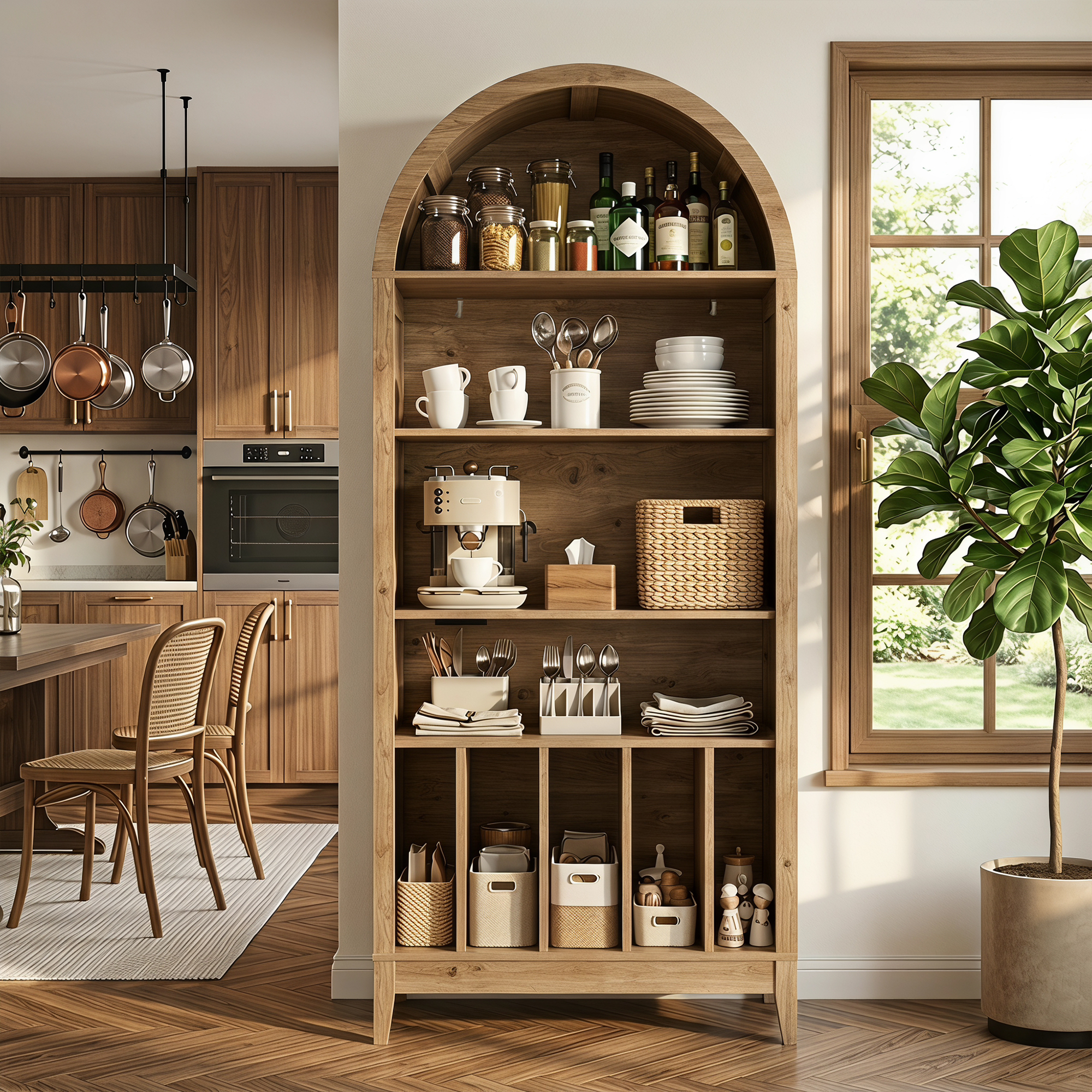 Joywind 69" 5-Tier Wood Arched Bookcase with Power Outlets, Modern Farmhouse Bookshelf for Living Room, Natural
