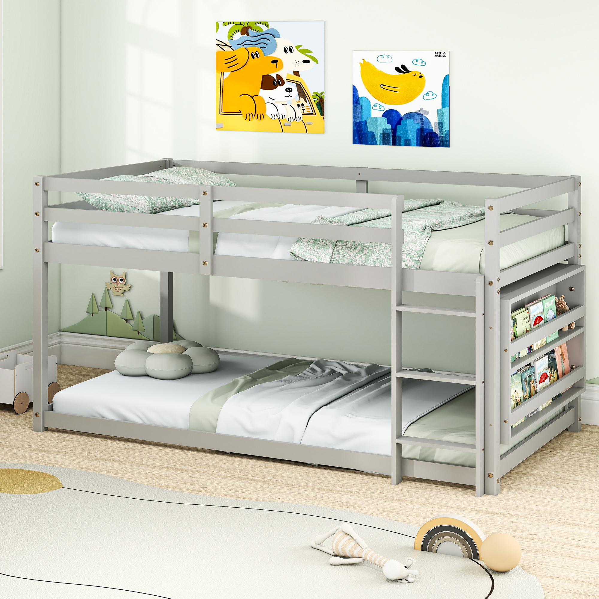 Joywind Wood Twin-over-Twin Standard Bunk Beds with Bookcase and Guardrails White