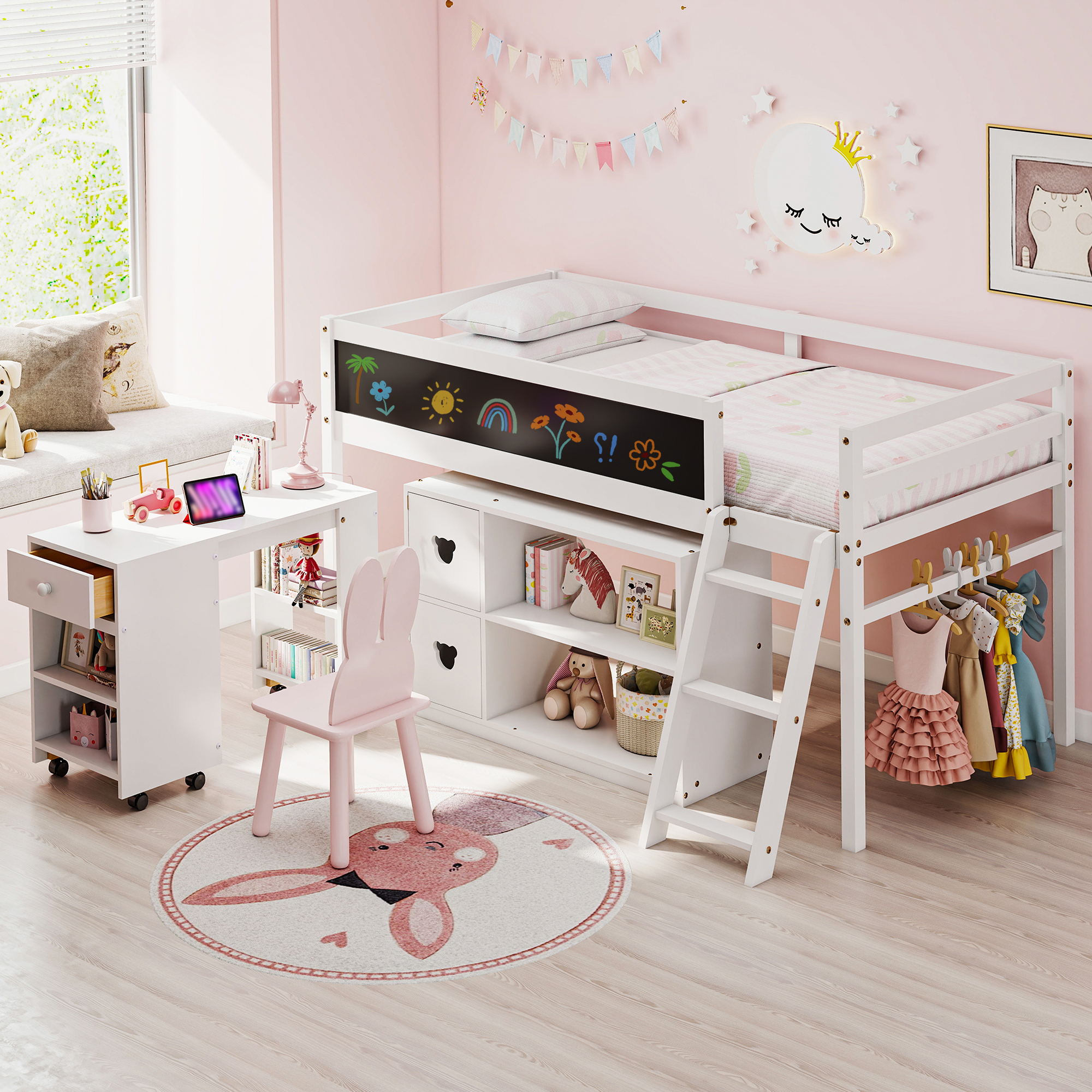 Joywind Wood Twin Size Low Loft Bed with Storage and Desk for Kids Teens, White