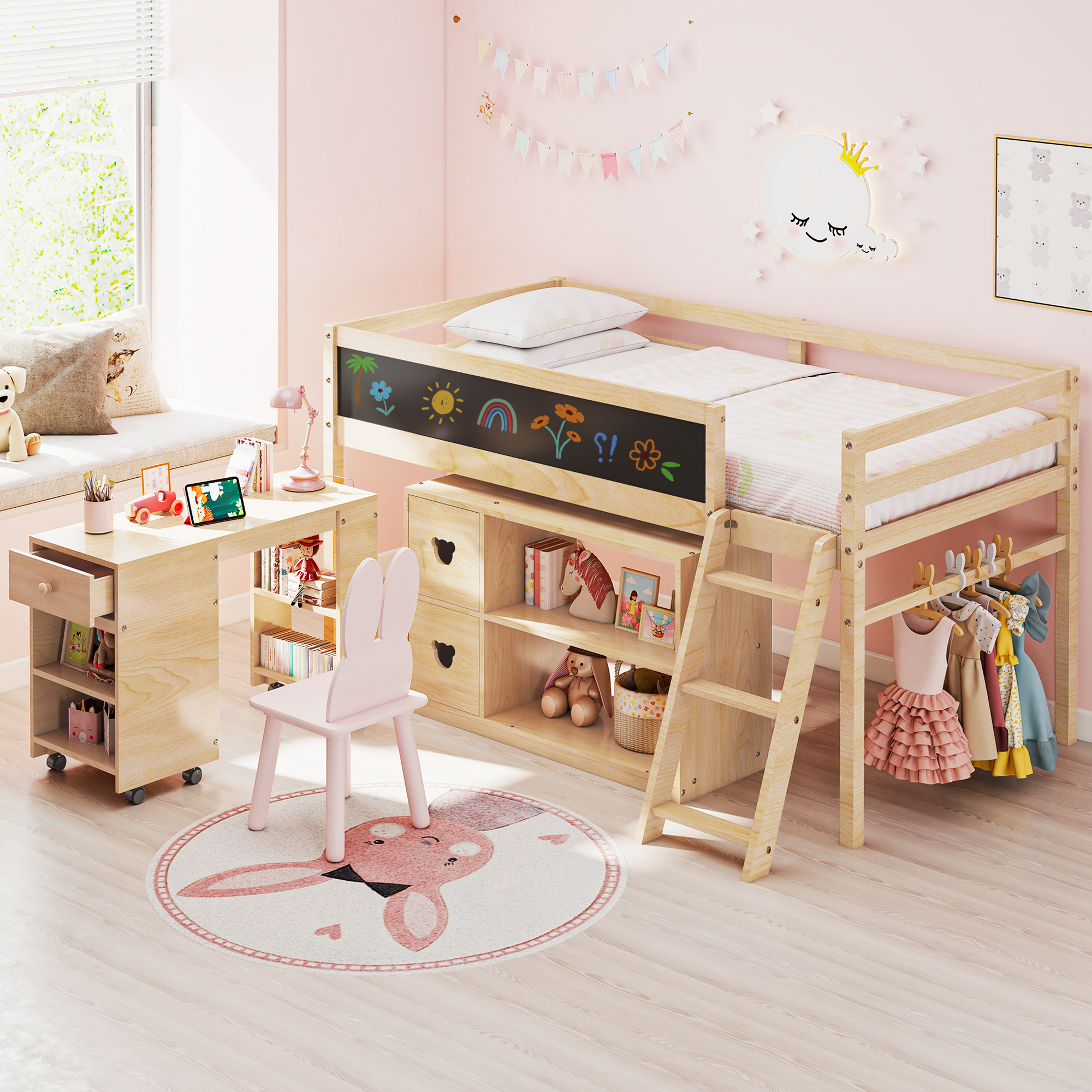 Joywind Wood Twin Size Low Loft Bed with Storage and Desk for Kids Teens, White