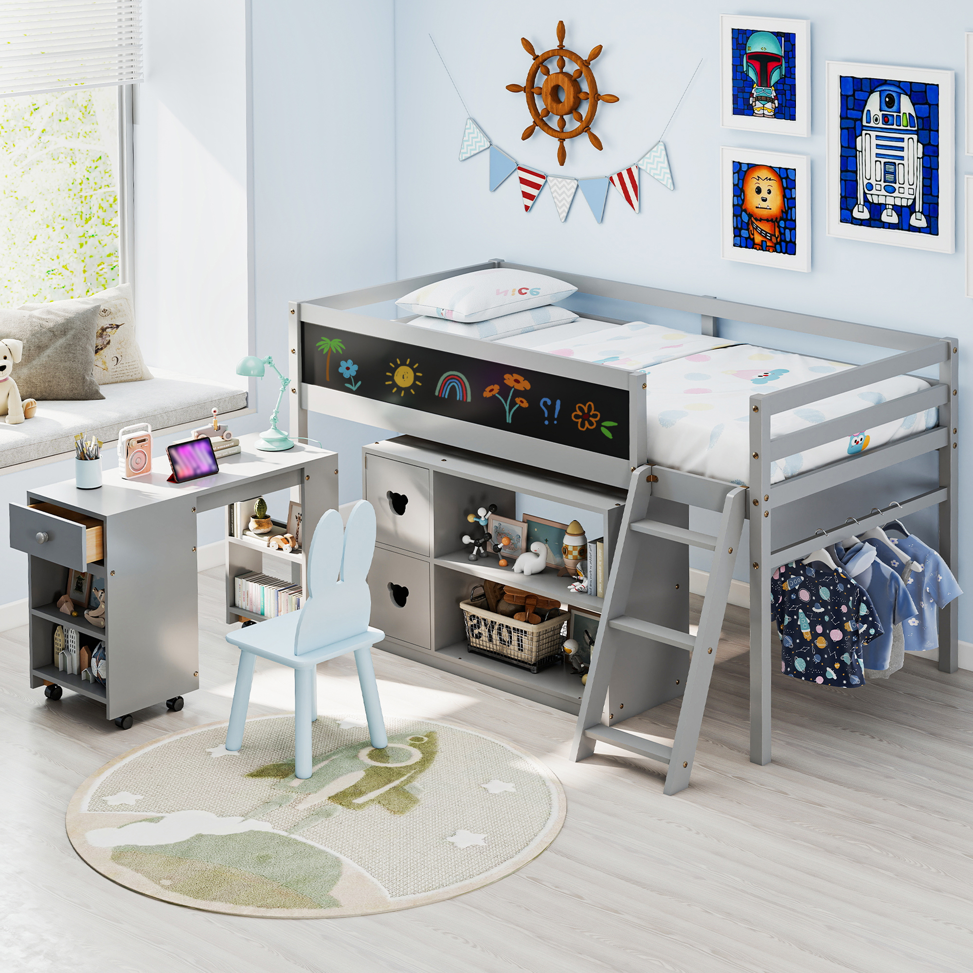 Joywind Wood Twin Size Low Loft Bed with Storage and Desk for Kids Teens, White