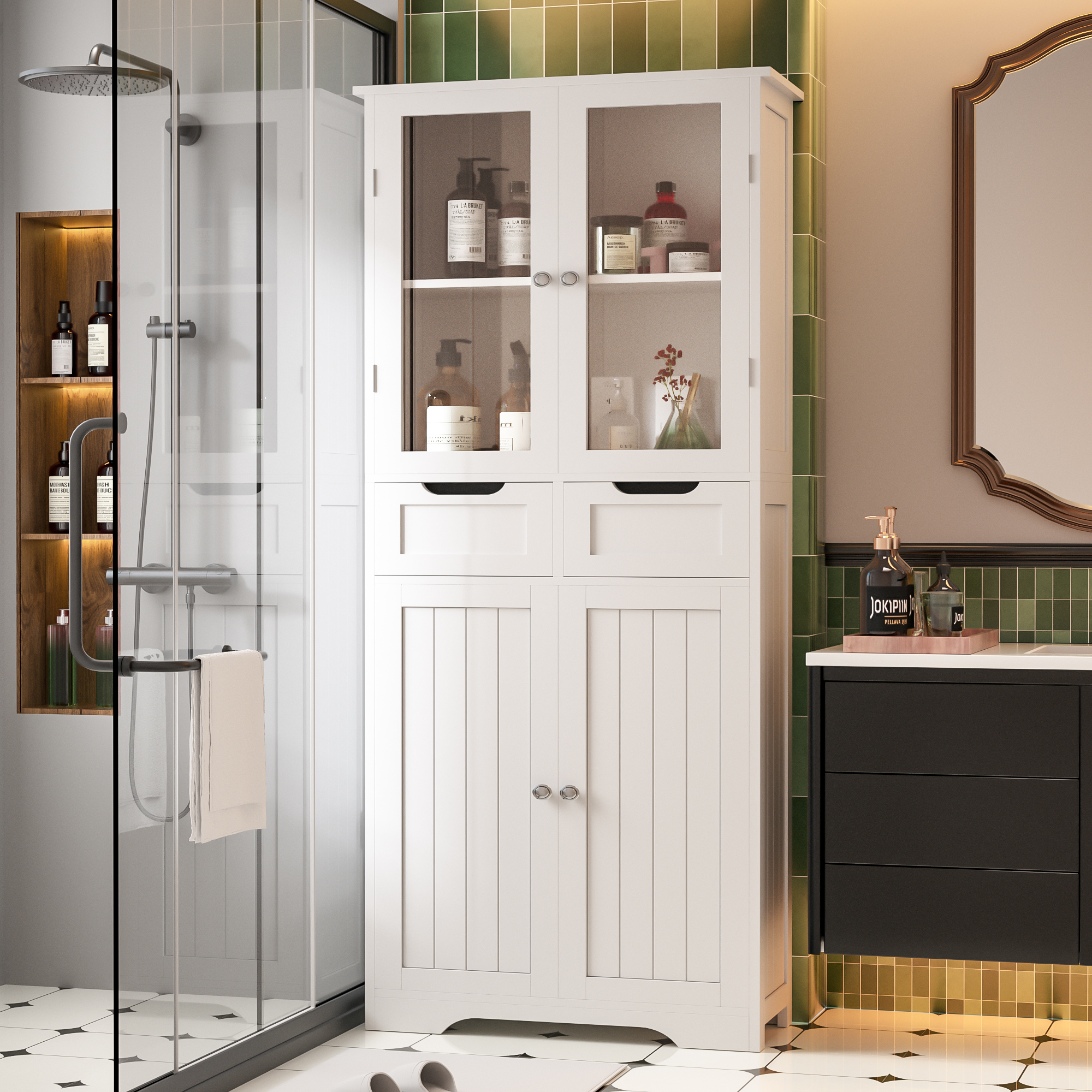 Joywind Freestanding Bathroom Storage Cabinet with Glass Doors - 67" Tall Linen Organizer with 2 Drawers & Adjustable Shelves, for Bathroom, Kitchen, Living Room, Office Storage