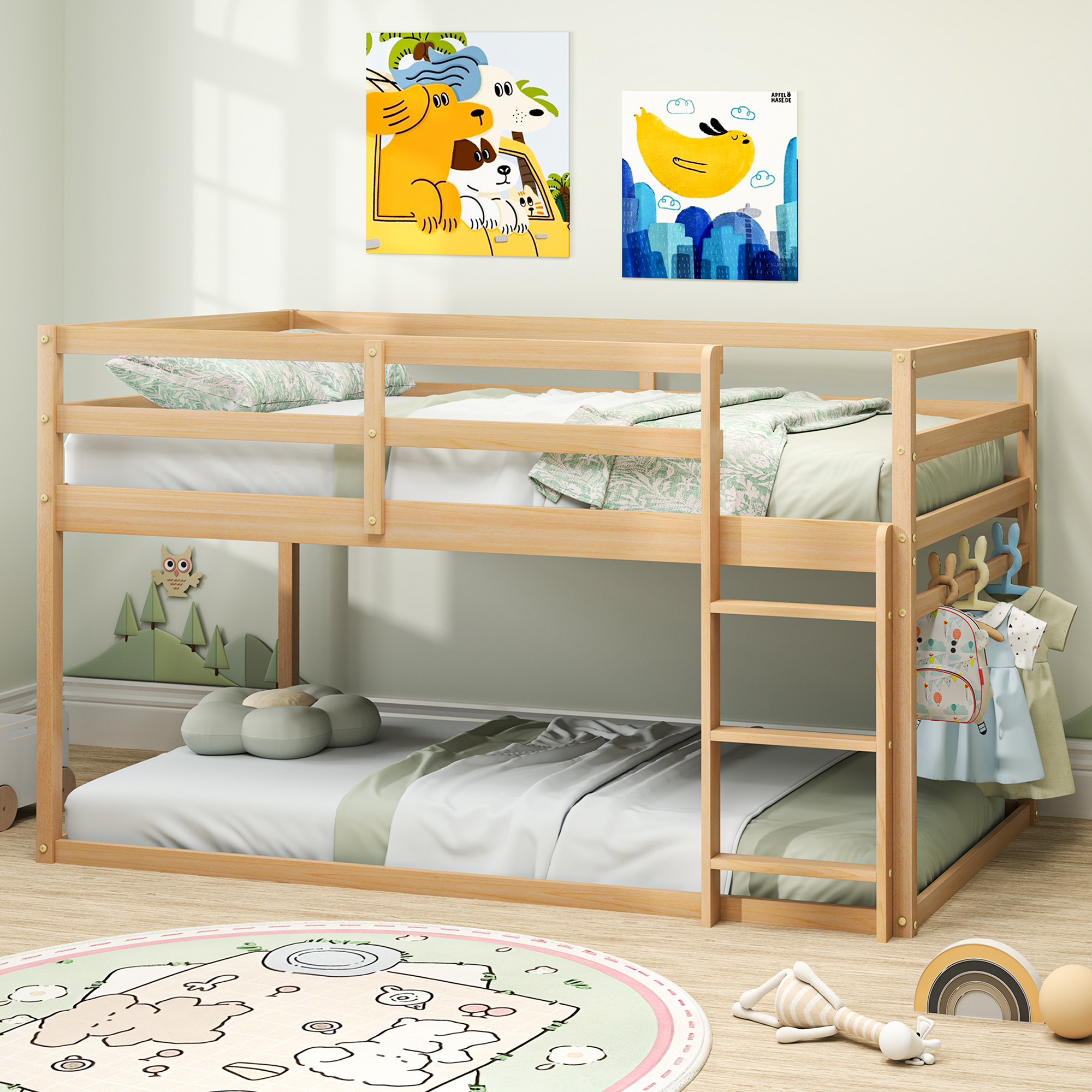 Joywind Wood Twin-over-Twin Bunk Beds with Ladder and Full Guardrails