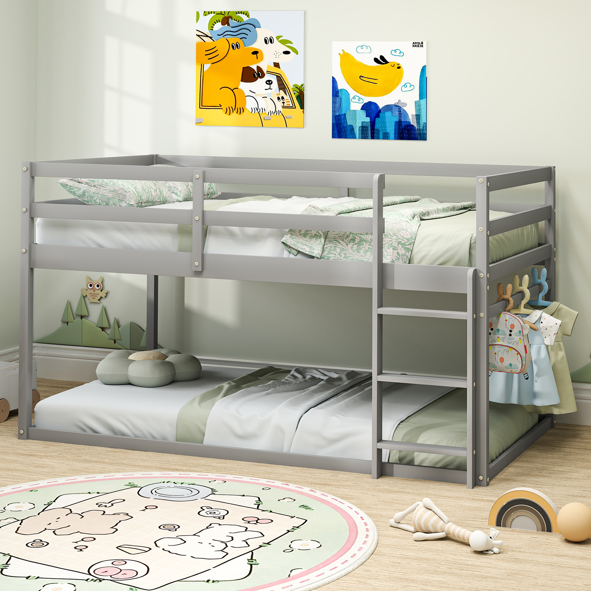 Joywind Wood Twin-over-Twin Bunk Beds with Ladder and Full Guardrails